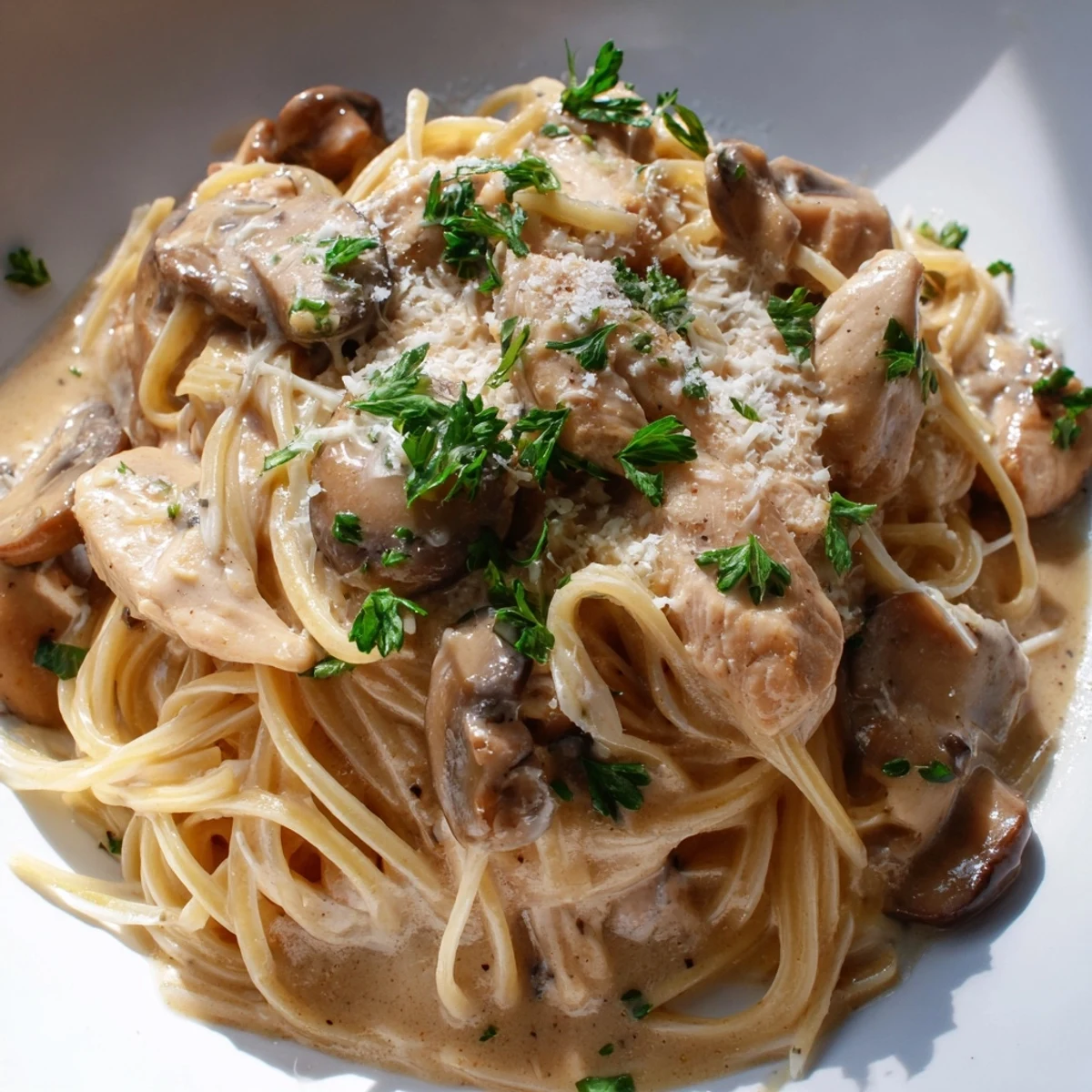 Hearty creamy mushroom chicken spaghettini plated beside a crisp green salad, highlighting the rich sauce and golden-brown chicken slices.  