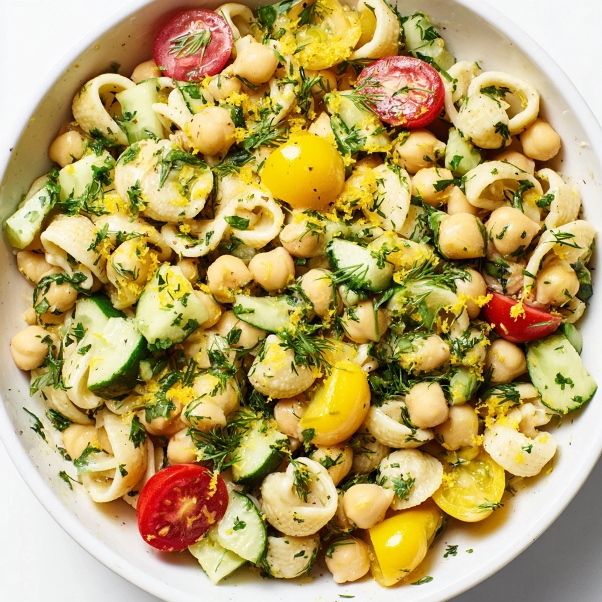Bright and zesty Lemon Herb Chickpea Pasta Salad in a white bowl with fresh cucumbers, tomatoes, and herbs, ready for a light lunch.