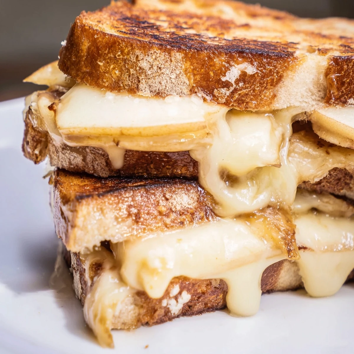 Golden-brown sourdough grilled cheese, layered with melted smoked Gouda and crisp apple slices on a wooden board.  