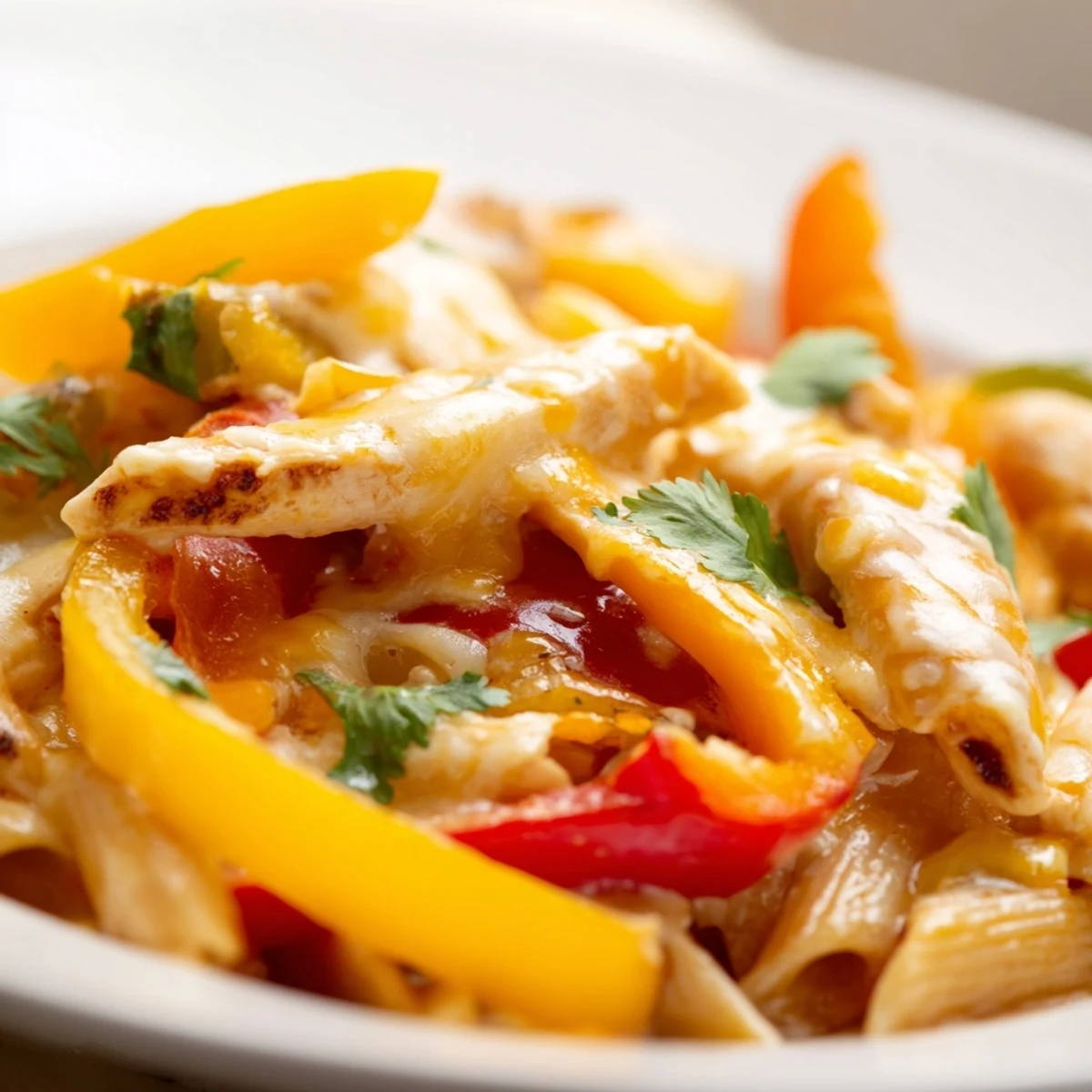 Sizzling Fajita Chicken Pasta Skillet features creamy cheese sauce and tender fajita-spiced chicken on pasta, ready to enjoy.