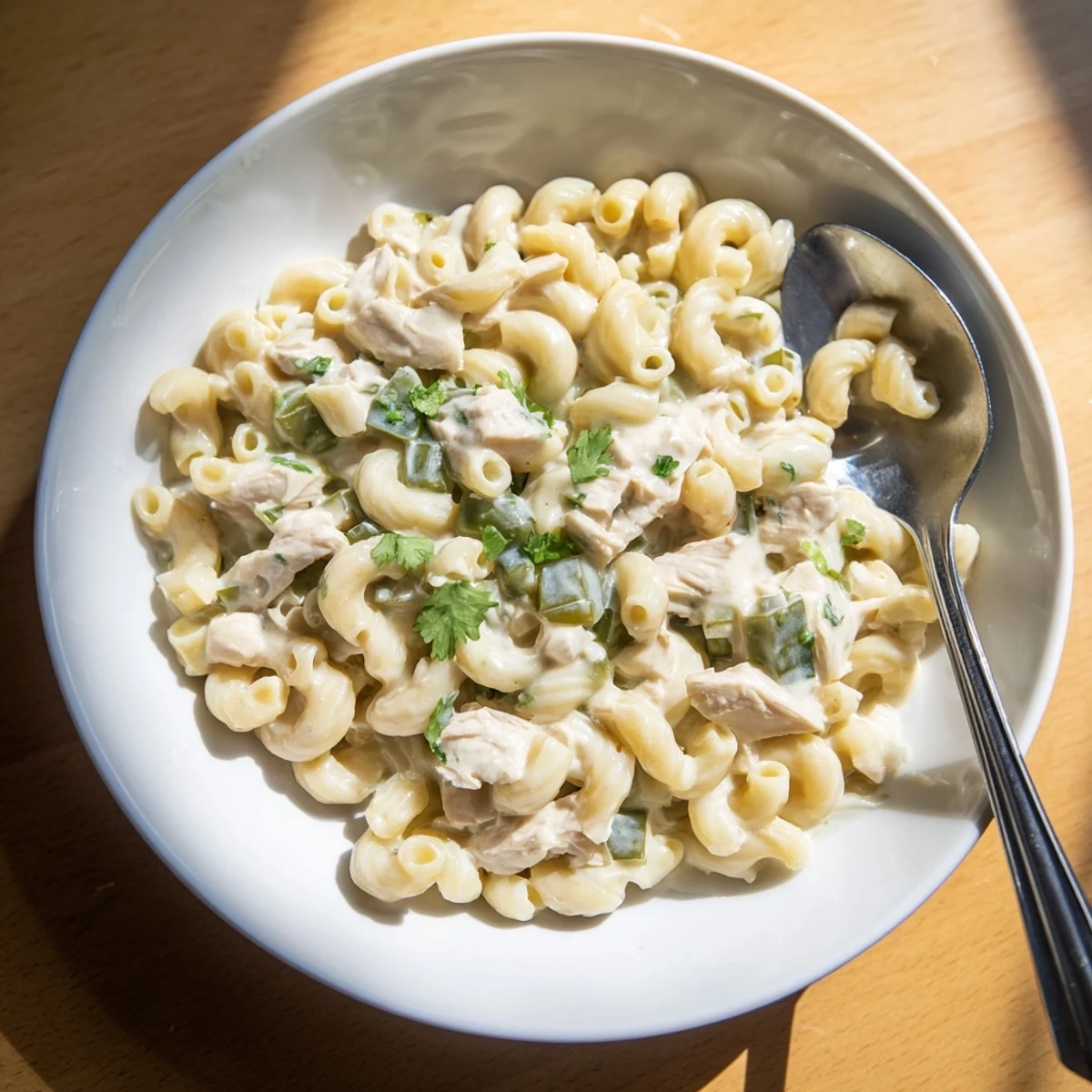 Steaming bowl of Southwestern-style Green Chili Chicken Mac topped with fresh cilantro and jalapeños.