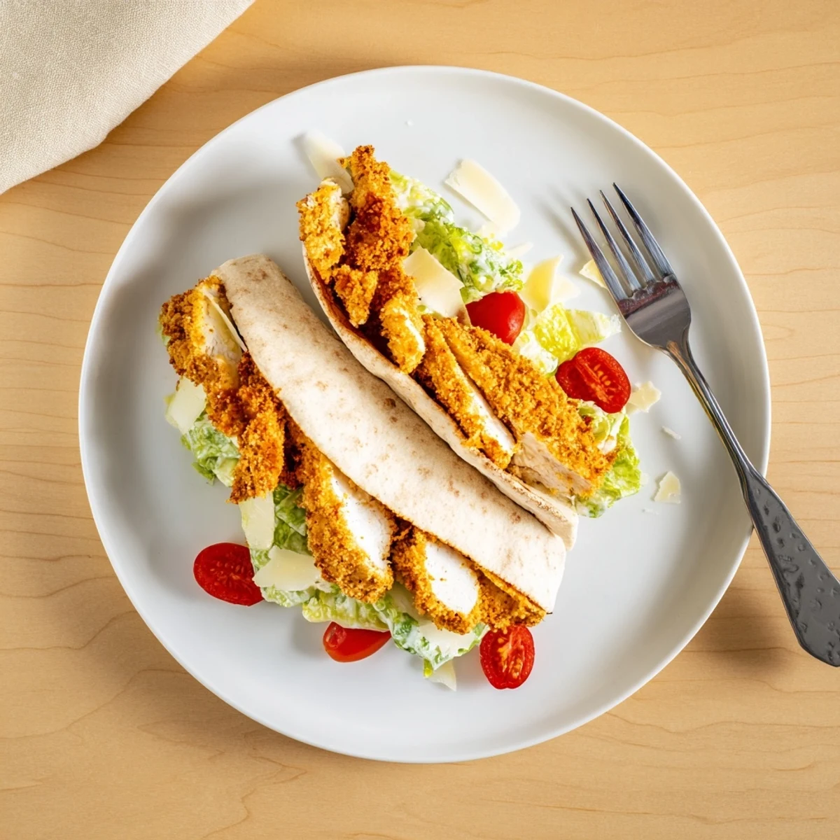 Golden-brown herbed chicken cutlets nestled in a warm pita pocket, stuffed with crisp Caesar salad and shaved Parmesan.  