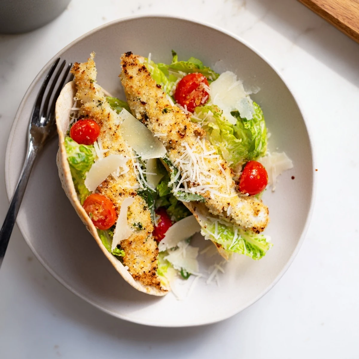 Freshly assembled pita sandwiches with golden herbed chicken, romaine lettuce, and a squeeze of lemon.