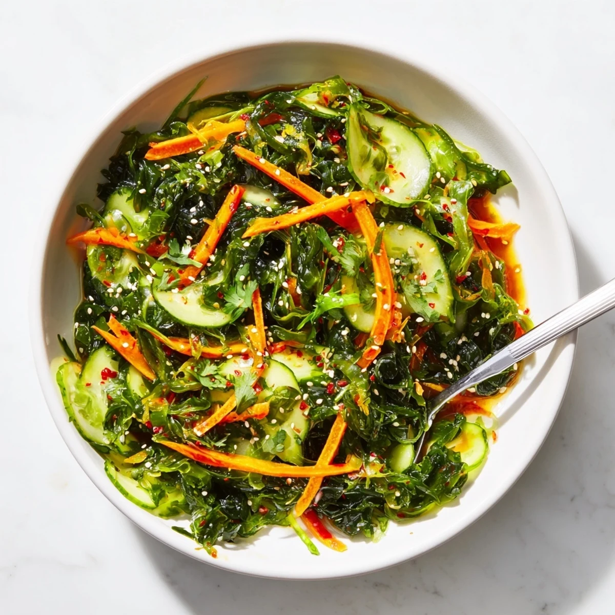 Freshly rehydrated wakame and crisp veggies in a tangy sesame-ginger dressing, showcasing a vibrant Japanese Seaweed Salad.