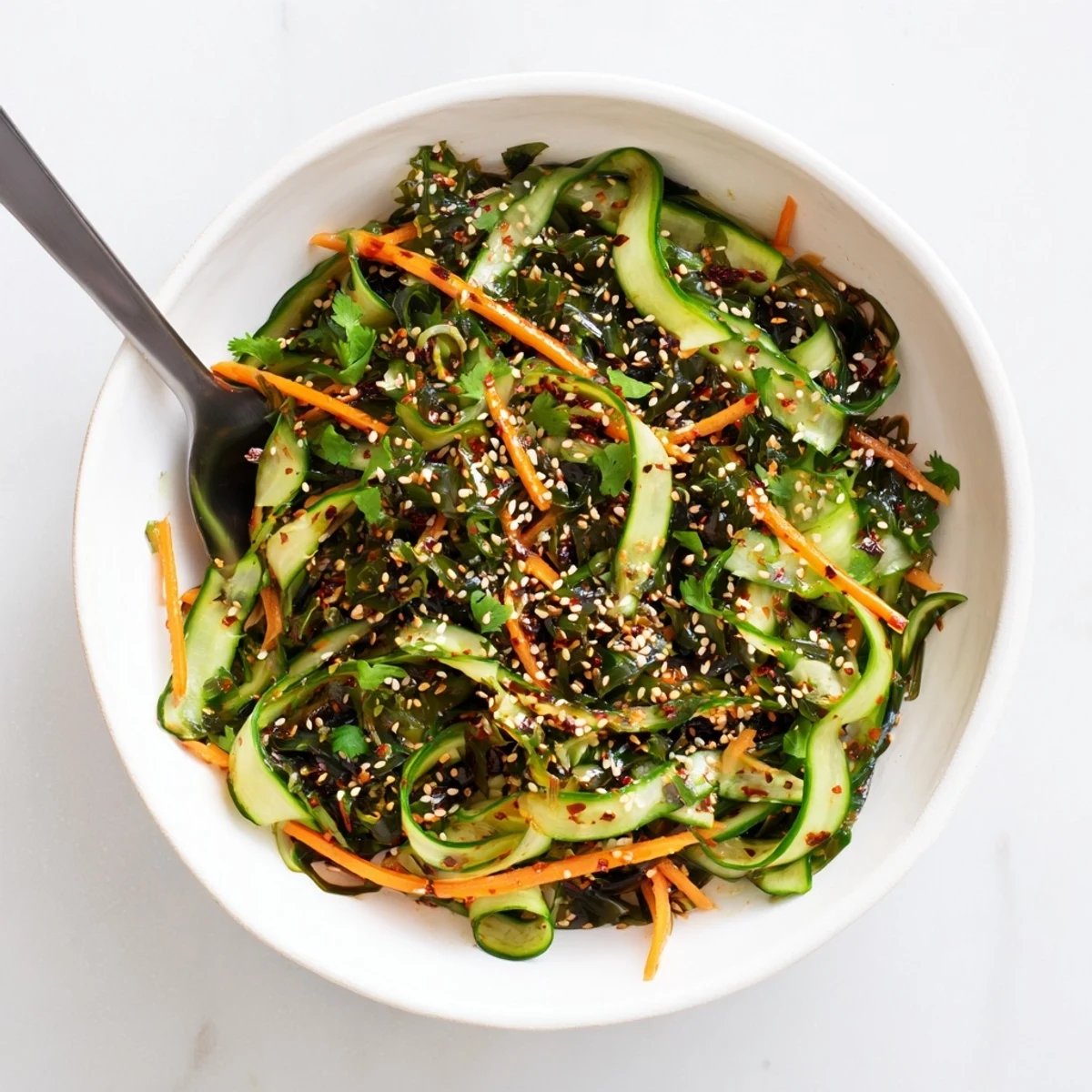 A refreshing vegan Japanese Seaweed Salad garnished with toasted sesame seeds, ready as a light, crunchy appetizer.