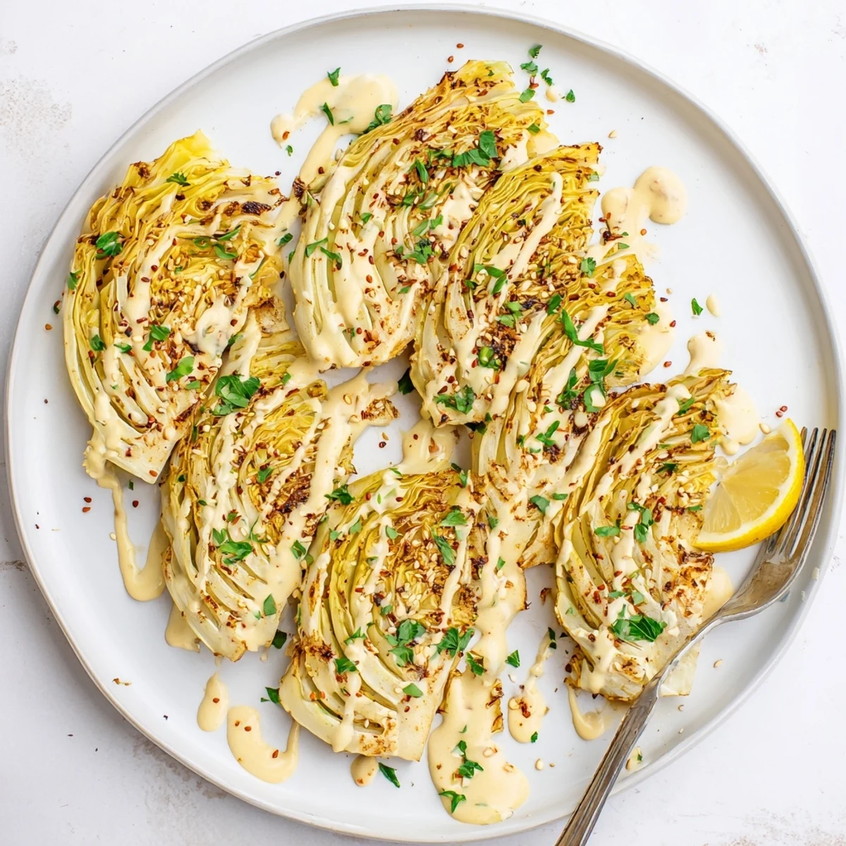 Roasted Cabbage Steaks With Tahini showcased on a rustic platter, golden-brown edges with a drizzle of creamy tahini sauce.