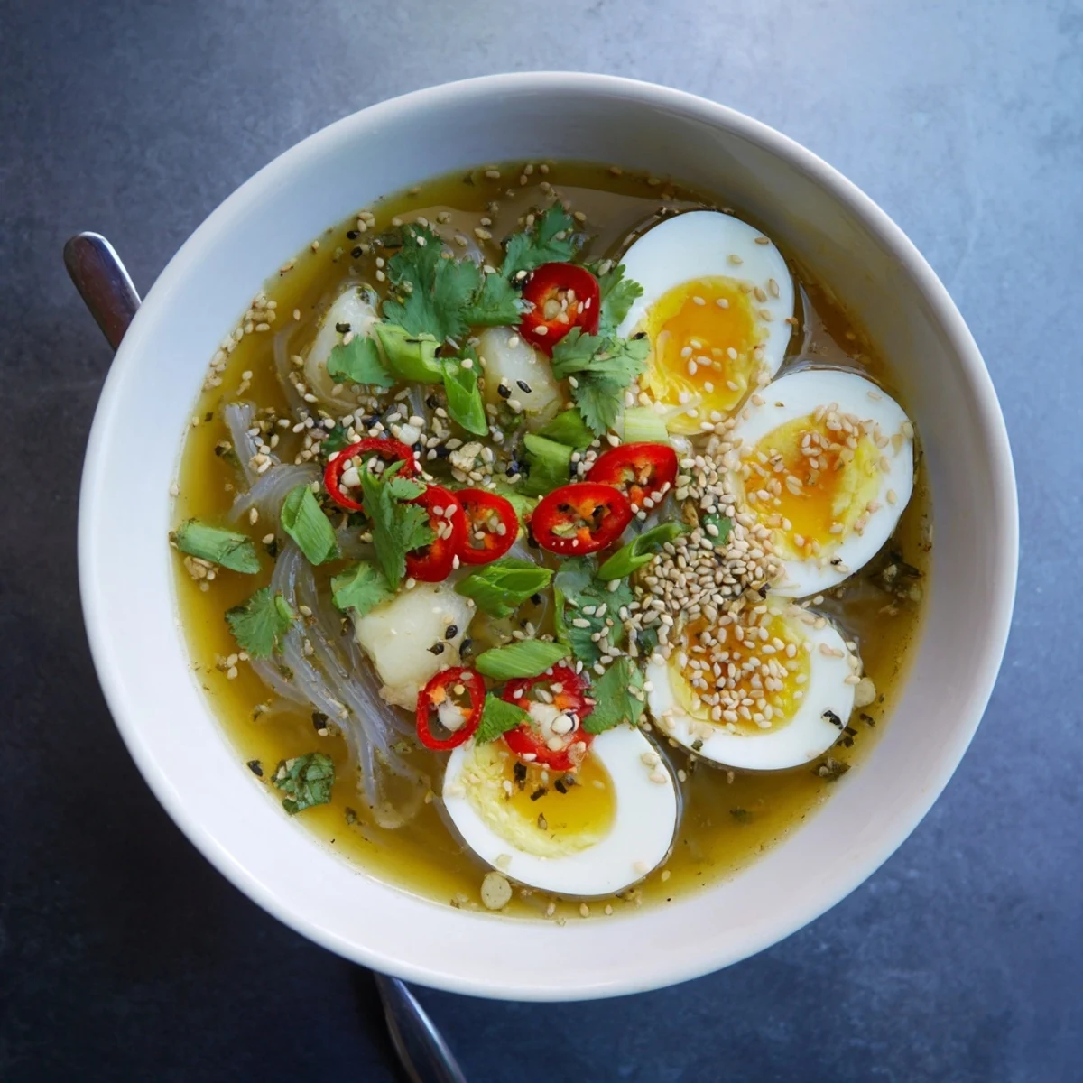 Steaming bowl of low-carb Shirataki Noodles With Broth, garnished with soft-boiled egg and fresh herbs, ready to enjoy.