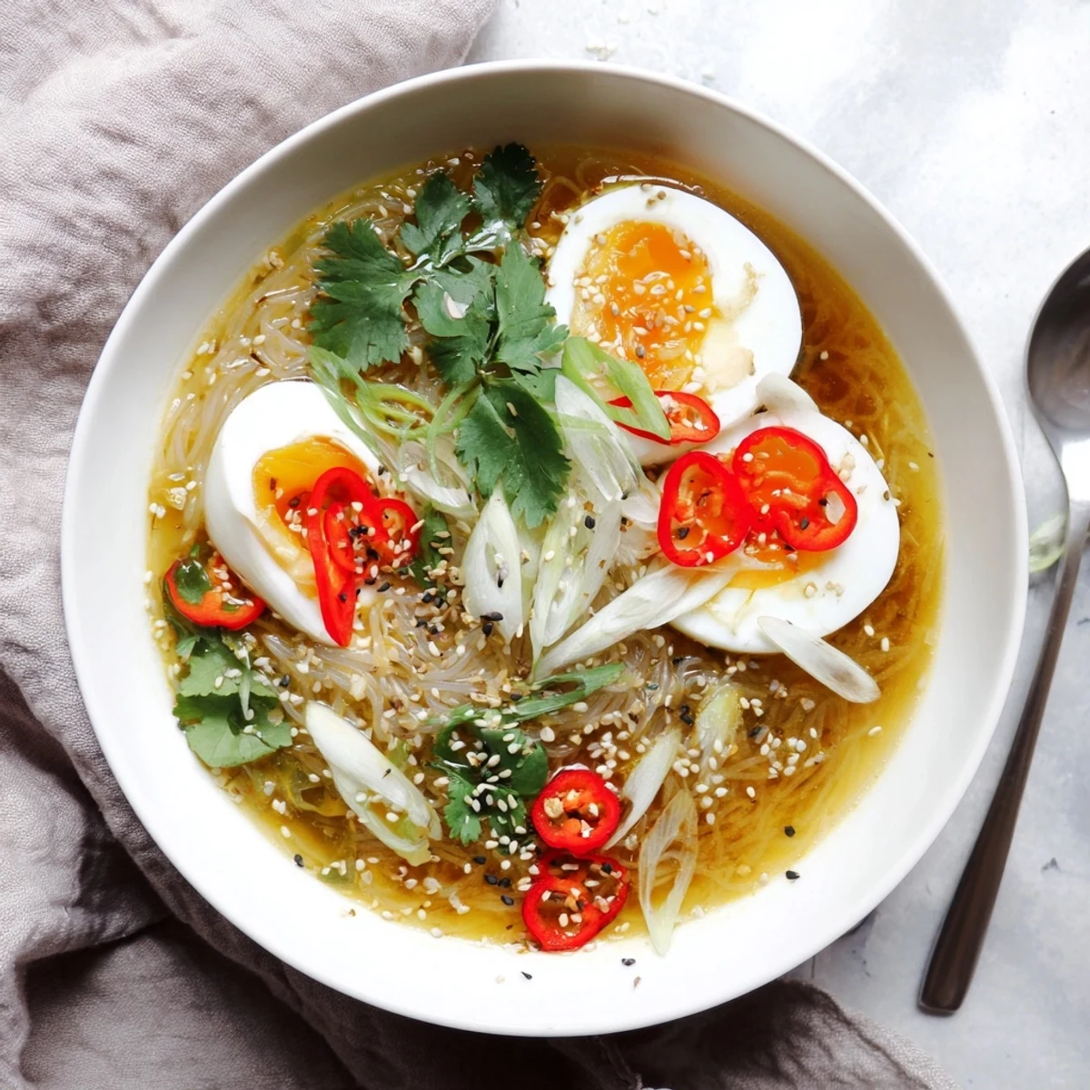 A cozy bowl of Shirataki Noodles With Broth, highlighted by spring onion and savory aromatics, perfect for a light meal.