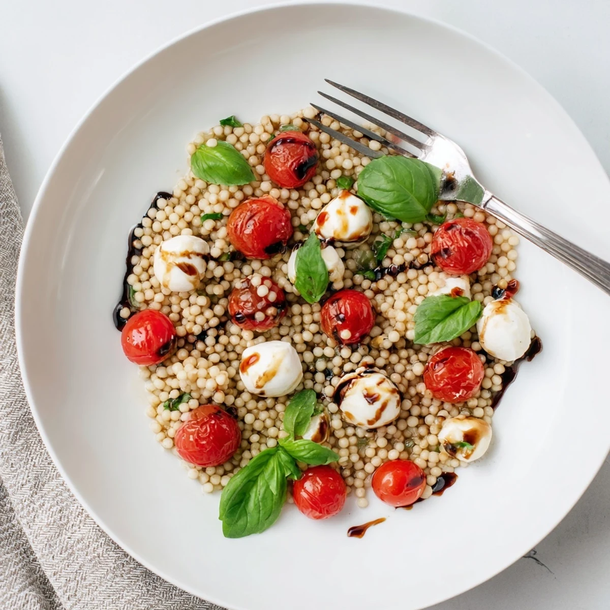 A close-up of Caprese Couscous Salad with juicy cherry tomatoes, creamy mozzarella pearls, and fresh basil on a bed of fluffy pearled couscous.