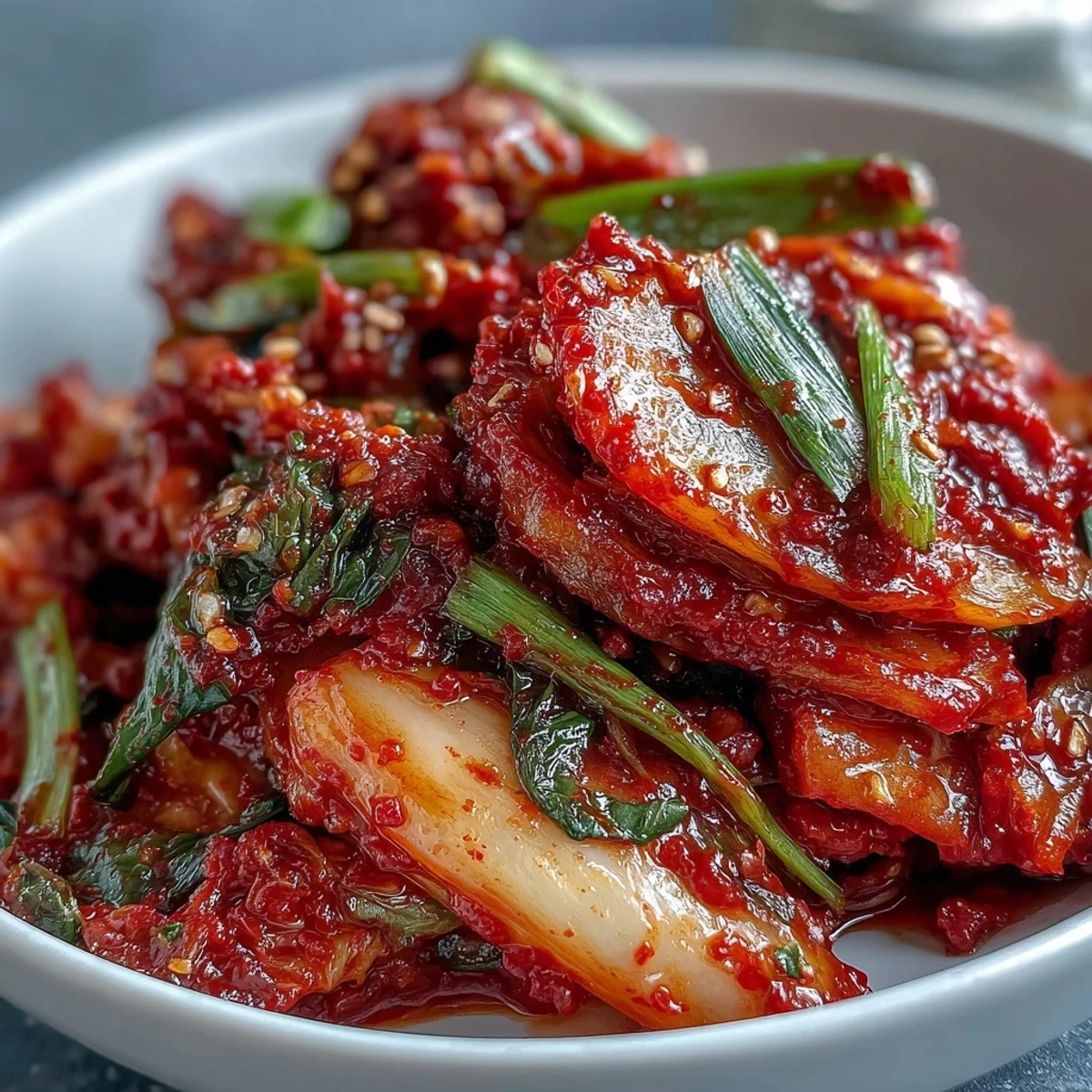 Crisp napa cabbage kimchi with vibrant red gochugaru paste and julienned daikon, packed into a clear glass jar for fermentation.  