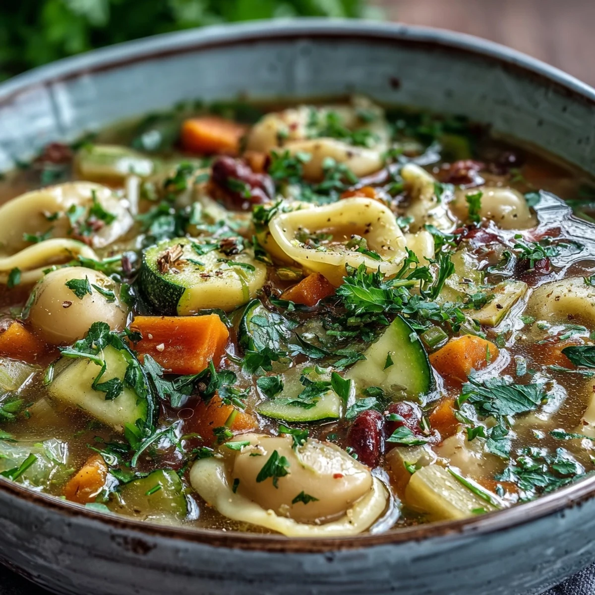 A hearty ladle of Vegetable Minestrone Variations served with crusty bread and a sprinkle of fresh parsley.