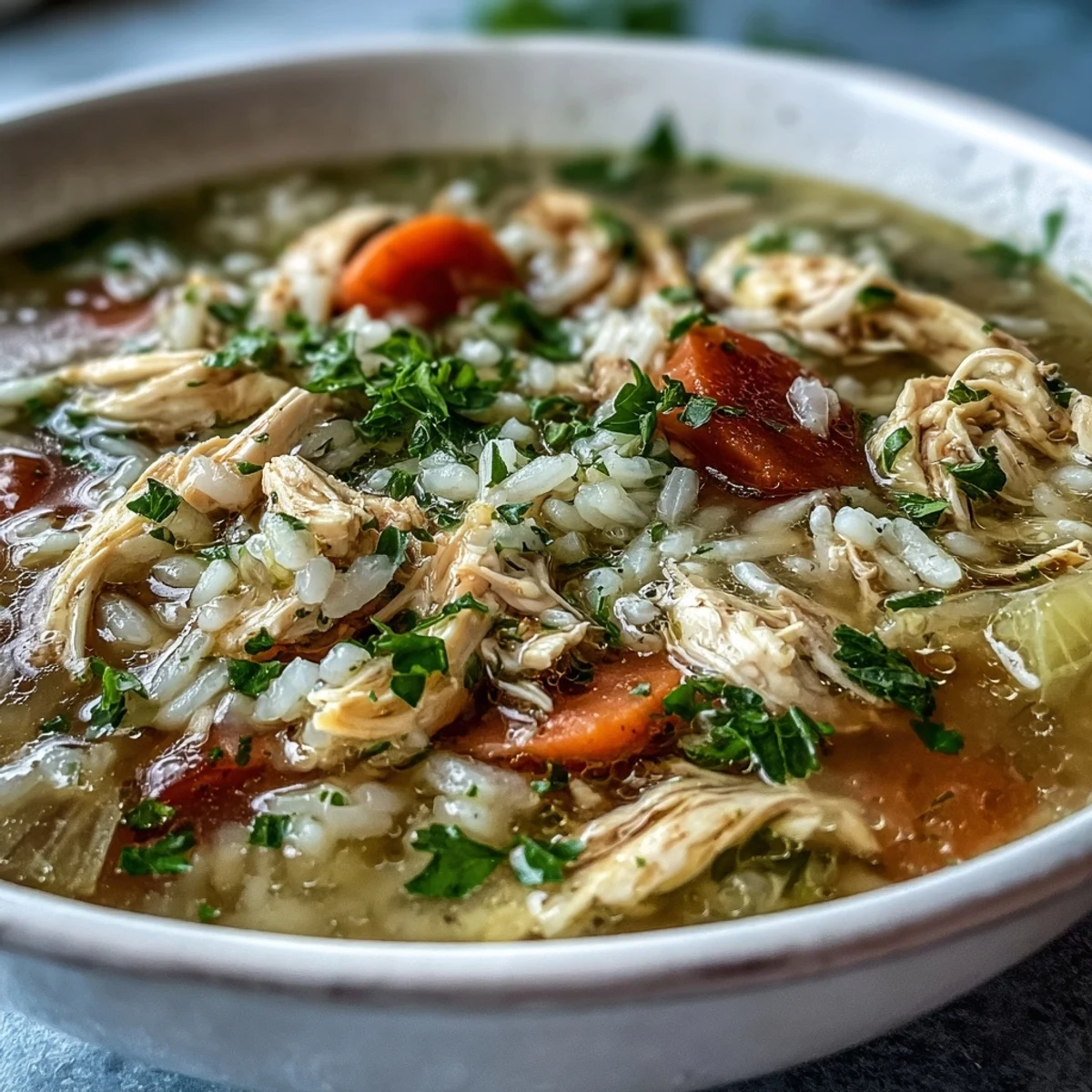 The Cozy Winter Chicken and Rice Soup simmers in a pot with tender shredded chicken and vegetables.