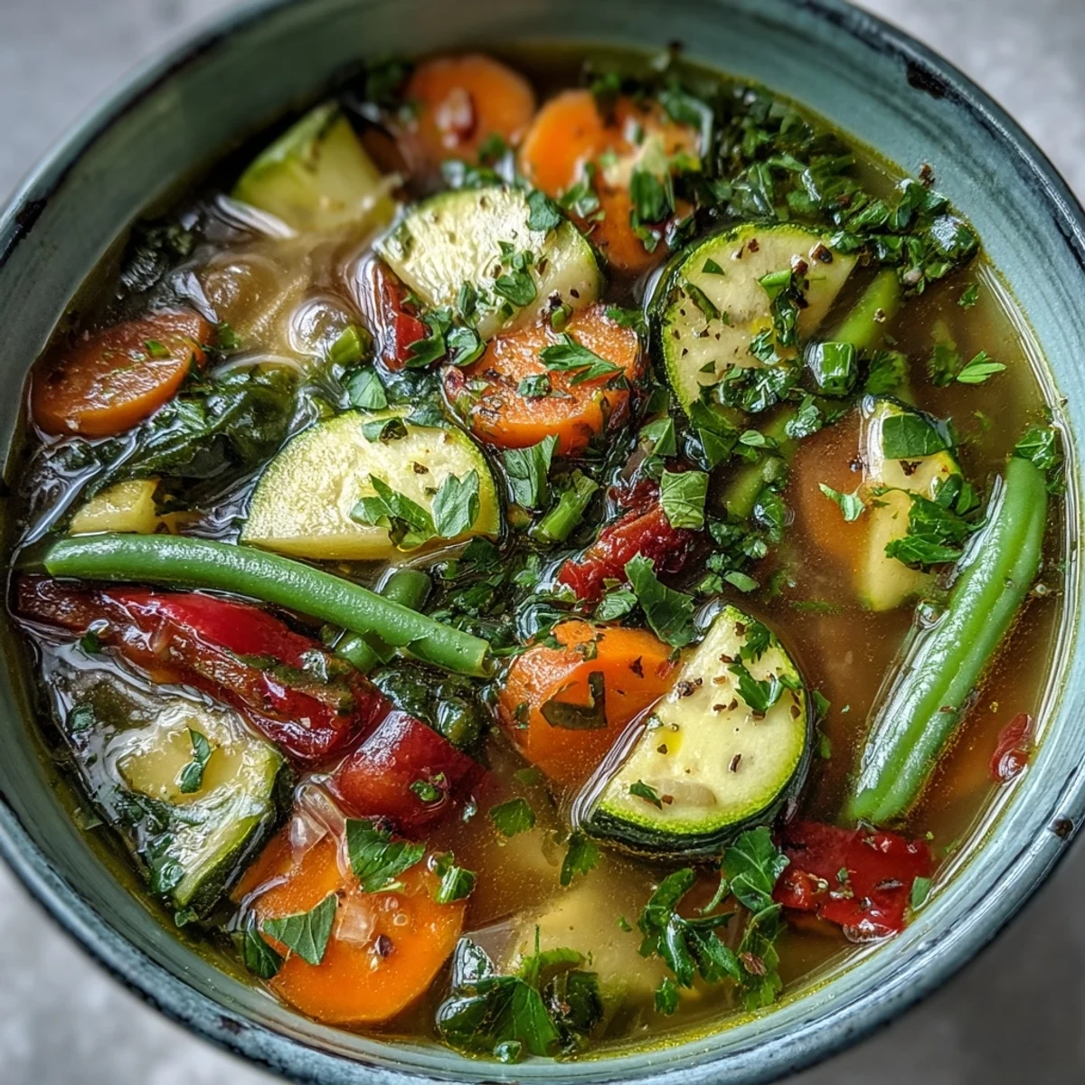 Brightly colored Italian Herb Vegetable Soup in a white bowl, garnished with parsley and served with crusty bread.