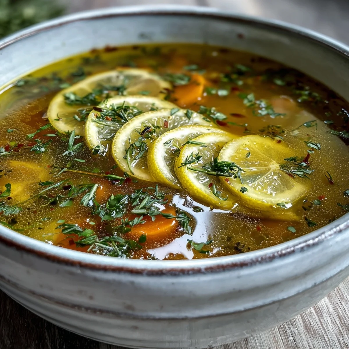 Steamy bowl of Mediterranean Lemon Herb Soup with diced carrots and celery, served alongside crusty artisan bread.