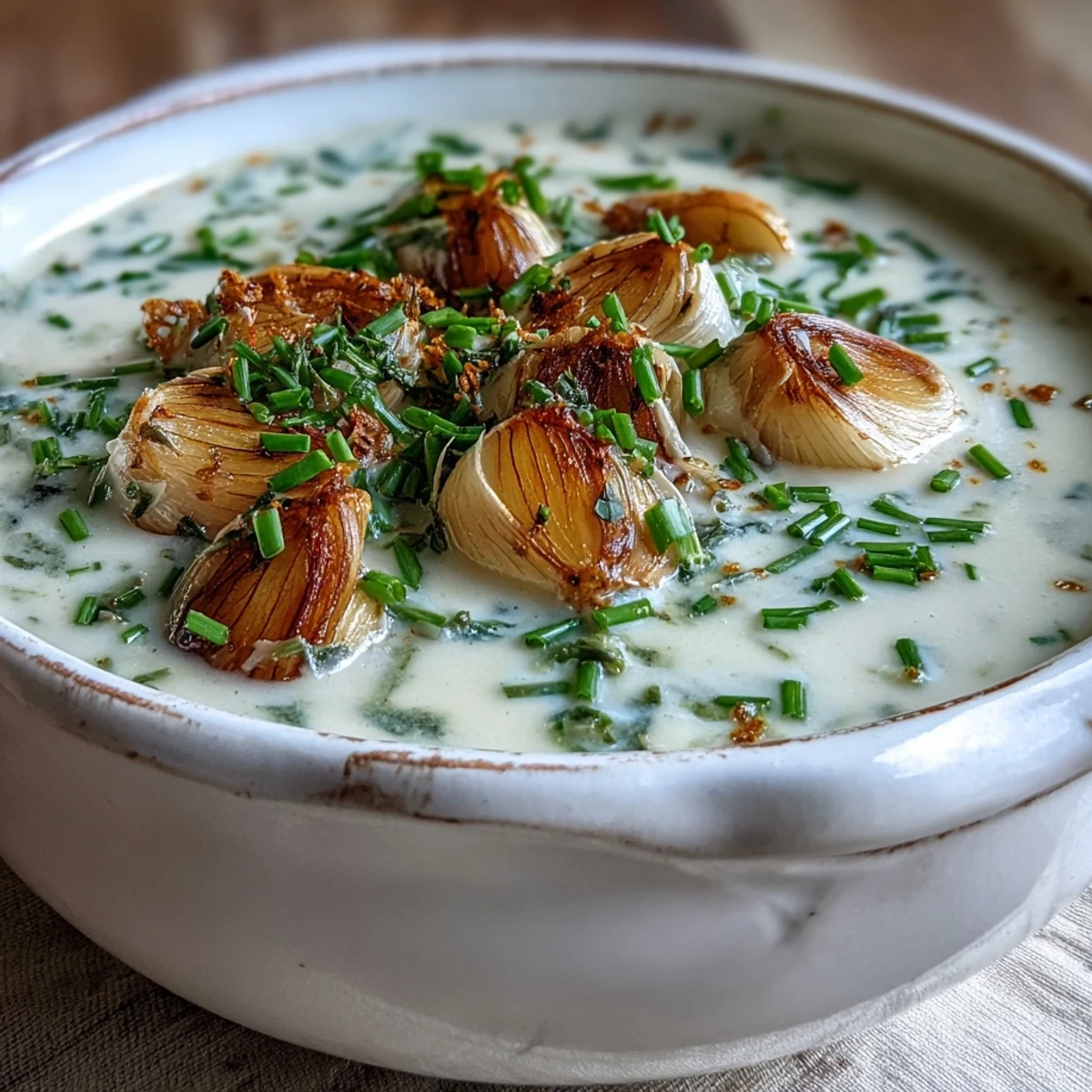 A steaming bowl of roasted garlic and herb soup topped with fresh parsley, served on a wooden table with warm crusty bread.