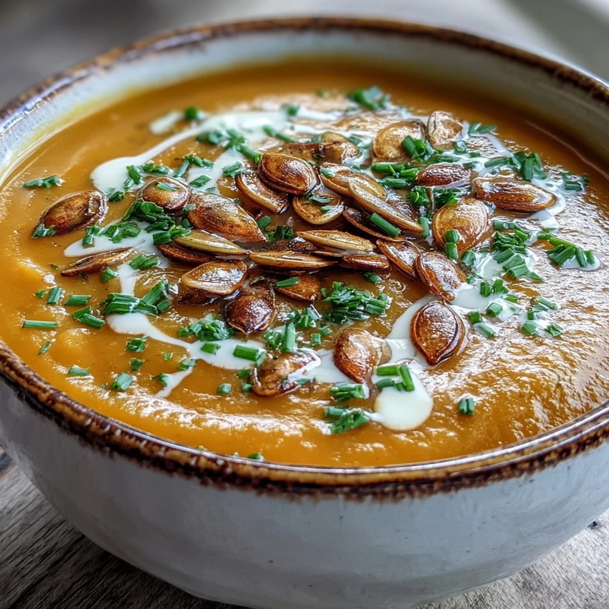 Velvety orange Acorn Squash Soup is served in a rustic white bowl, garnished with toasted pumpkin seeds and fresh chives.