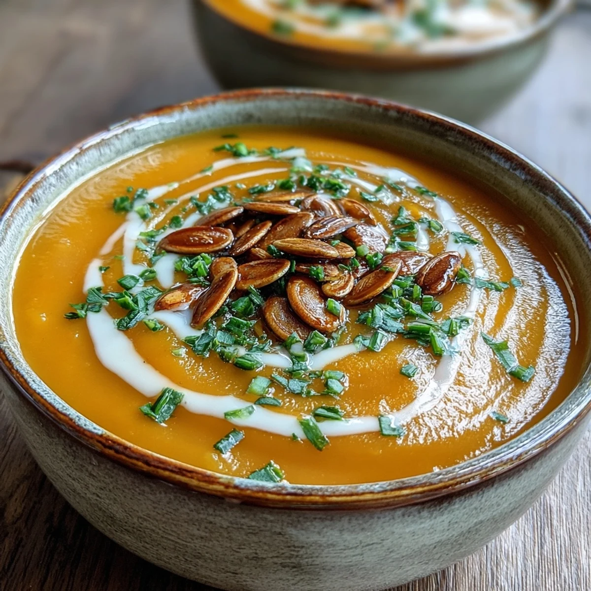 Hot Acorn Squash Soup steams in a dark ceramic bowl, topped with a swirl of cream and cracked black pepper.