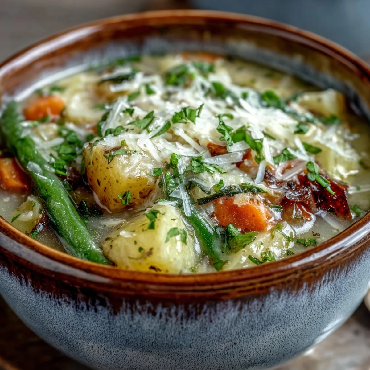 A warm bowl of Parmesan Veggie Soup, loaded with diced carrots, zucchini, and green beans in a rich broth.
