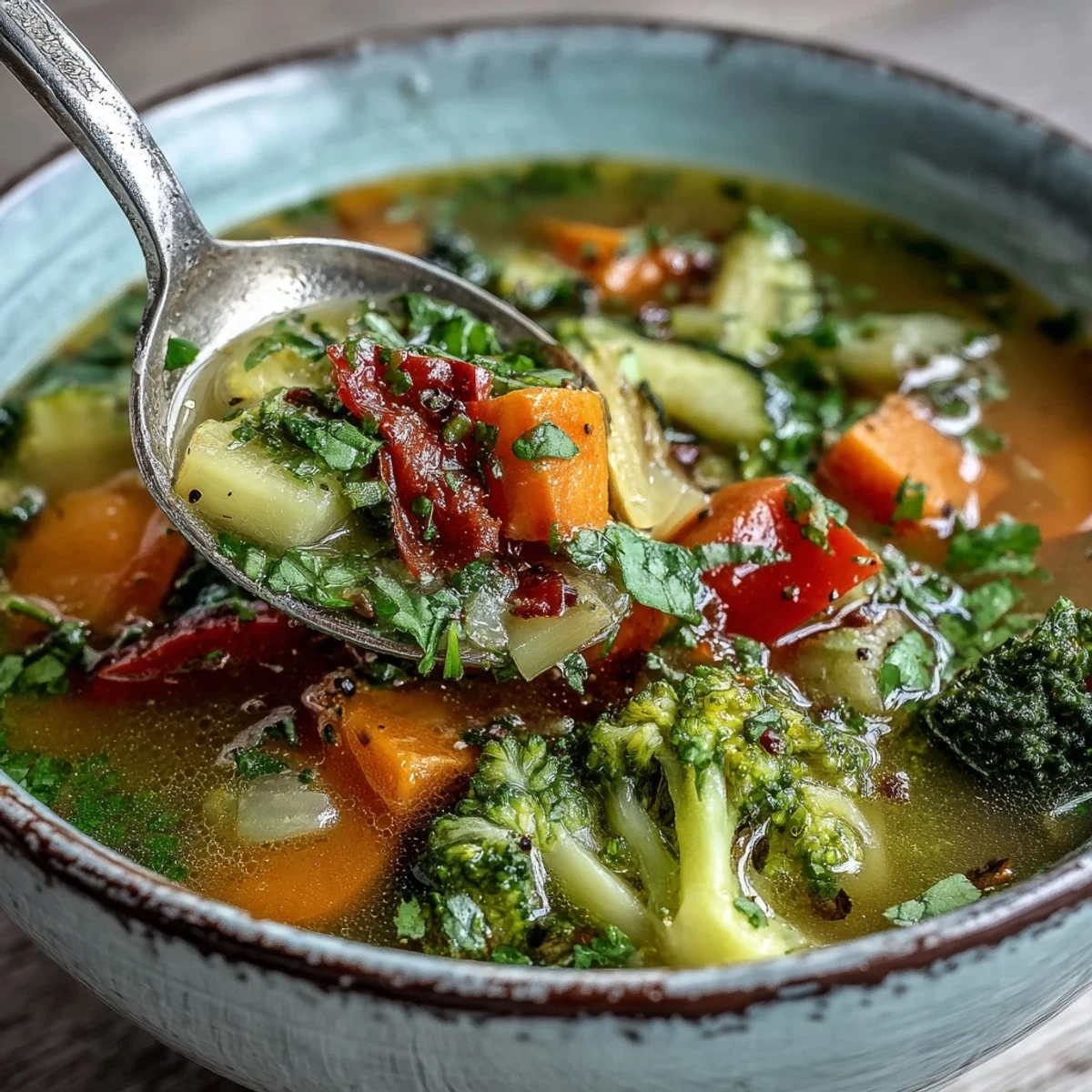 Close-up of a bowl of Ginger Vegetable Soup with steaming aromatics, vibrant carrots, broccoli, and fresh cilantro garnish.