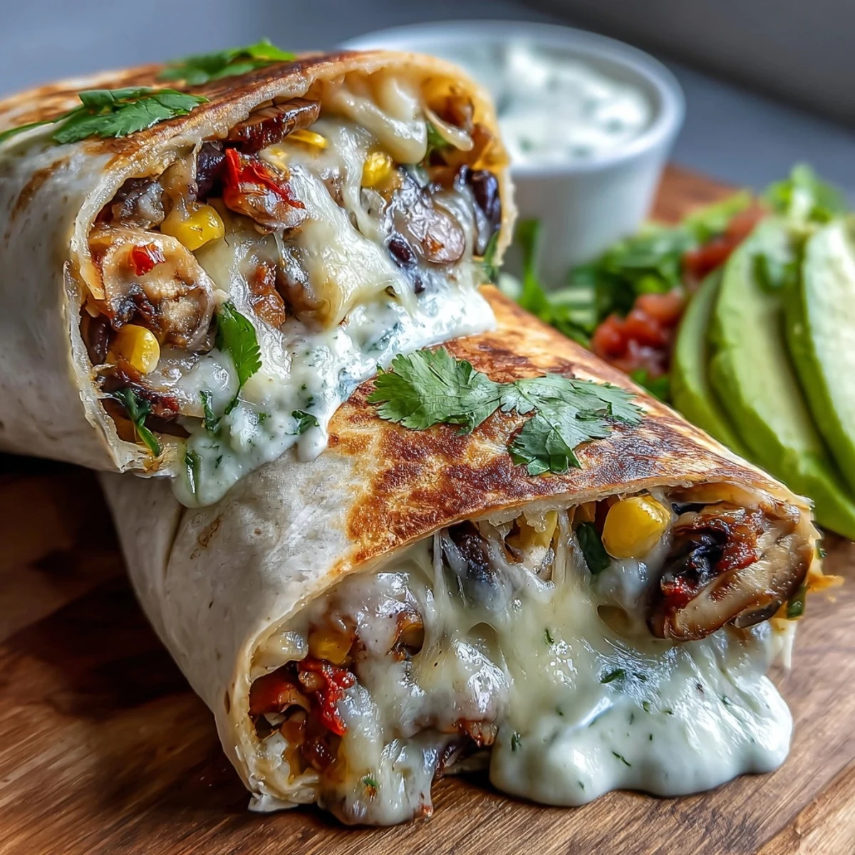 Golden-brown veggie burritos stuffed with sautéed mushrooms, black beans, and sweet corn, served with fresh avocado slices.