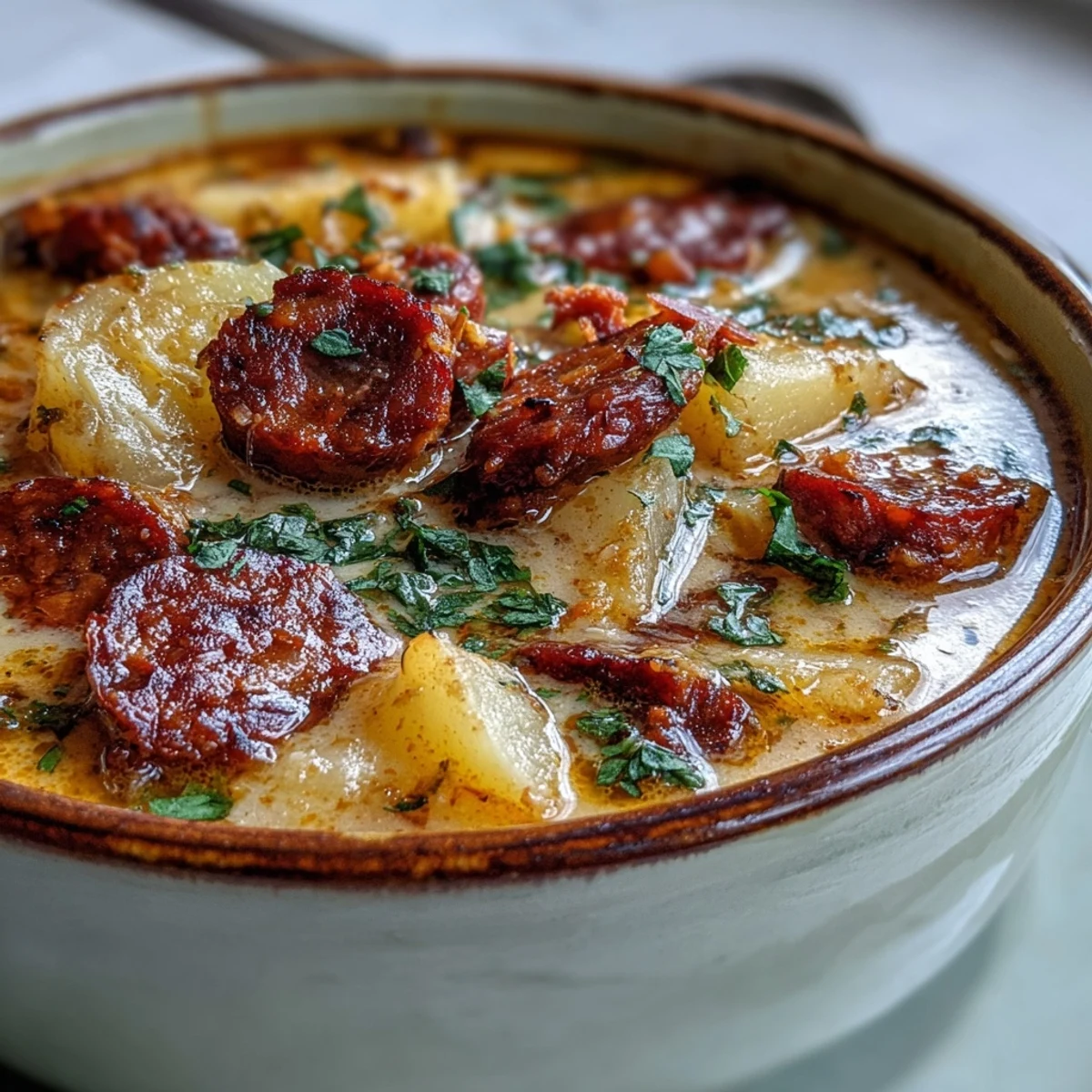 Creamy Potato, Leek and Chorizo Soup steaming in a rustic bowl, topped with crispy chorizo and fresh parsley.