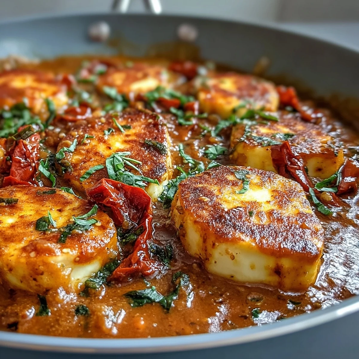Creamy Halloumi and Tomato Curry served over fluffy basmati rice with cilantro garnish.