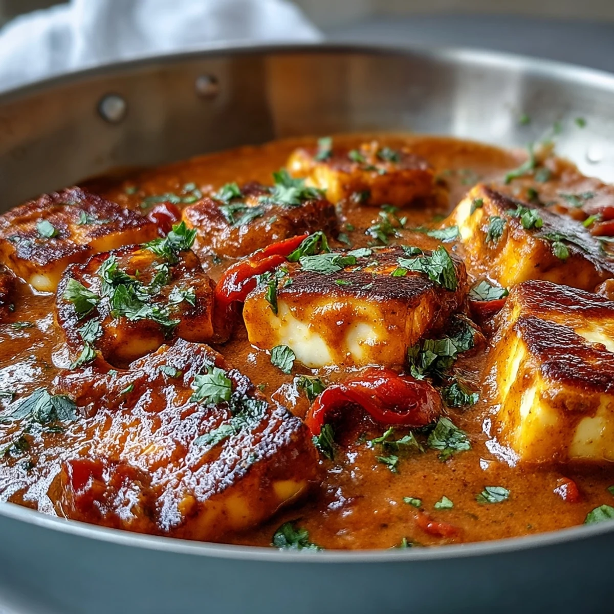 Family-style bowl of Creamy Halloumi and Tomato Curry with lemon wedges on the side.