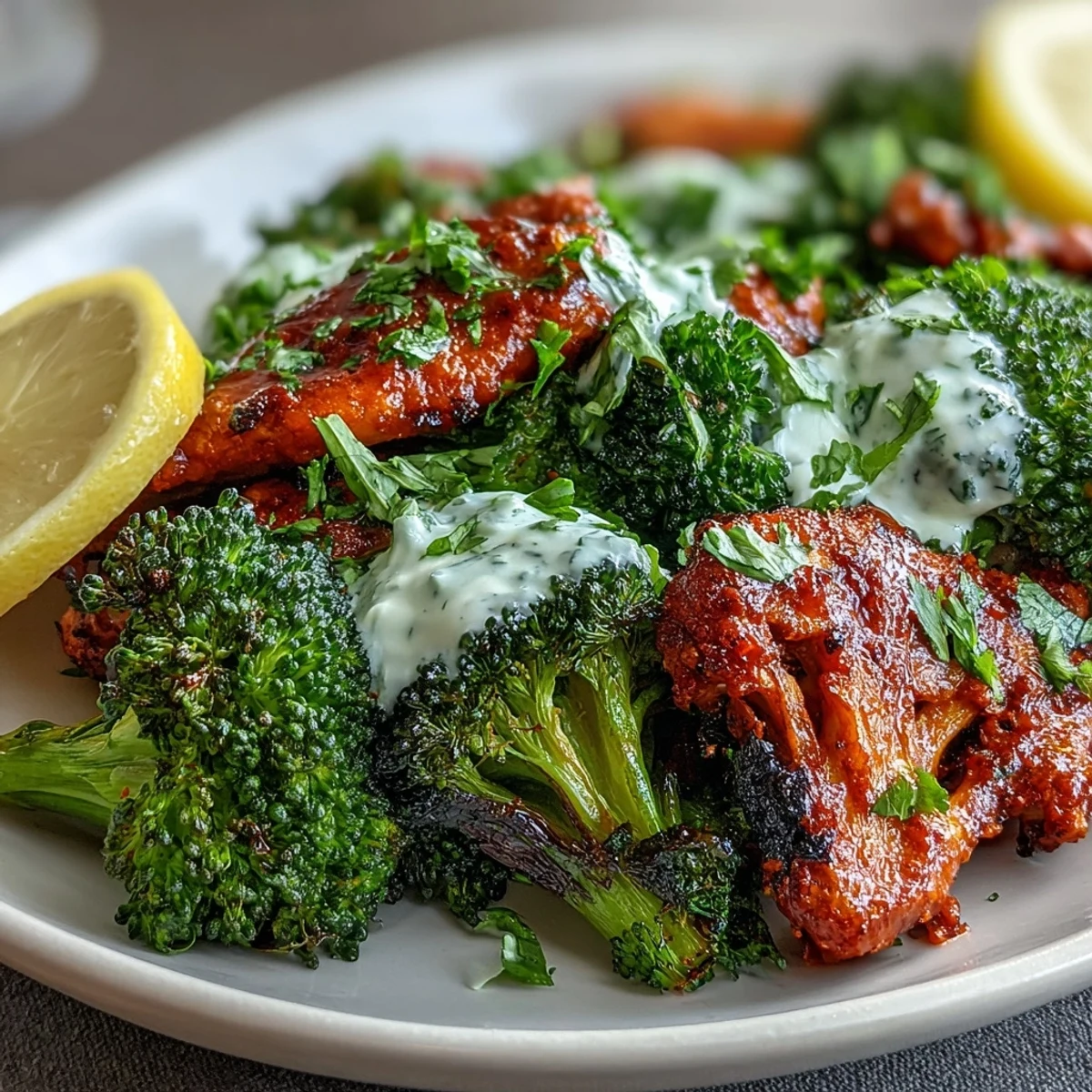 Roasted harissa broccoli with crisp edges piled onto warm flatbreads and topped with creamy Greek yogurt.