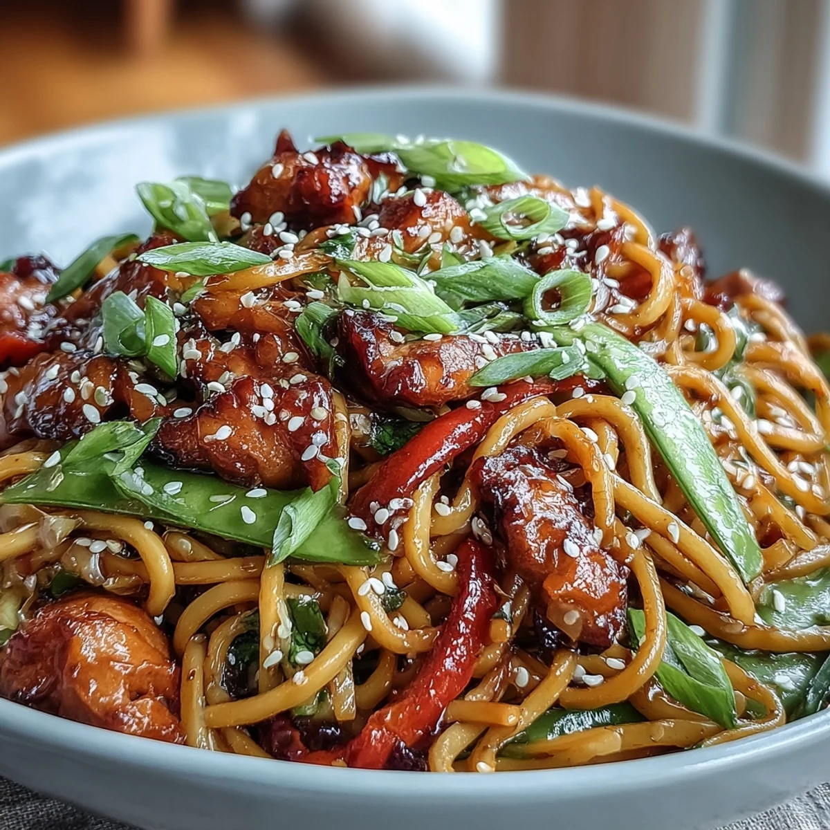 Freshly cooked Pork Noodle Stir-Fry in a wok, showcasing tender pork strips, crisp bell peppers, and glossy noodles tossed in savory sauce.