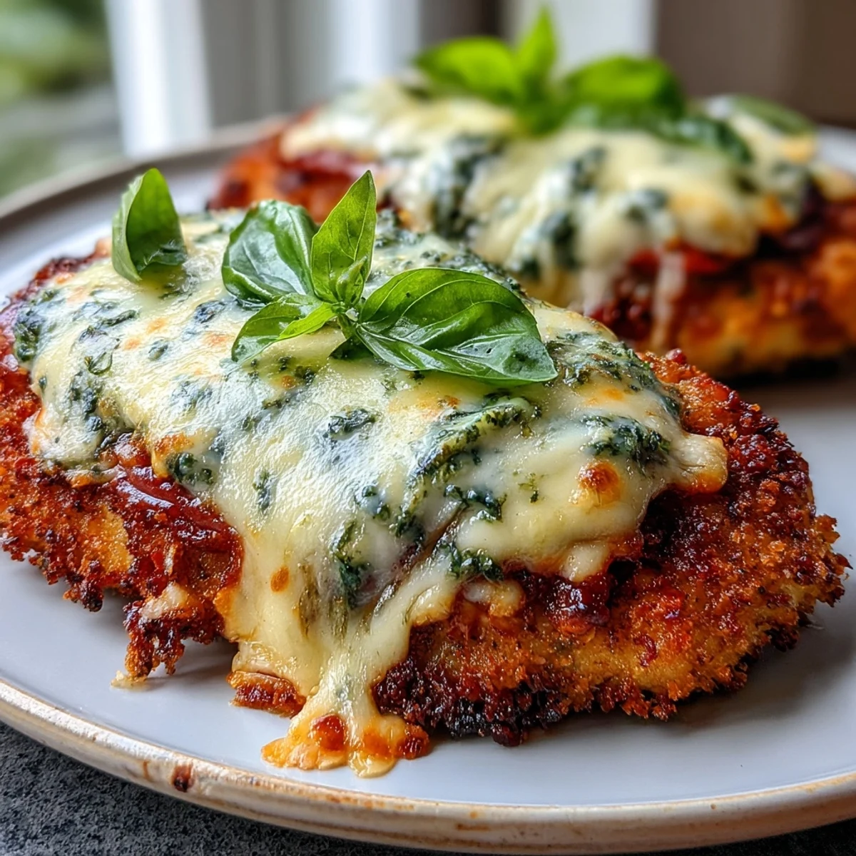 Juicy, breaded chicken breasts topped with vibrant green basil pesto and rich marinara sauce for Pesto Chicken Parmesan.