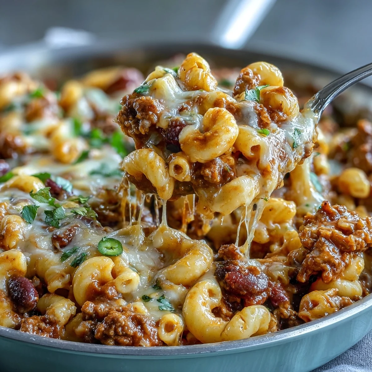 Weeknight One-Pan High Protein Chili Mac simmered with smoky spices and beans in a skillet, ready to enjoy.