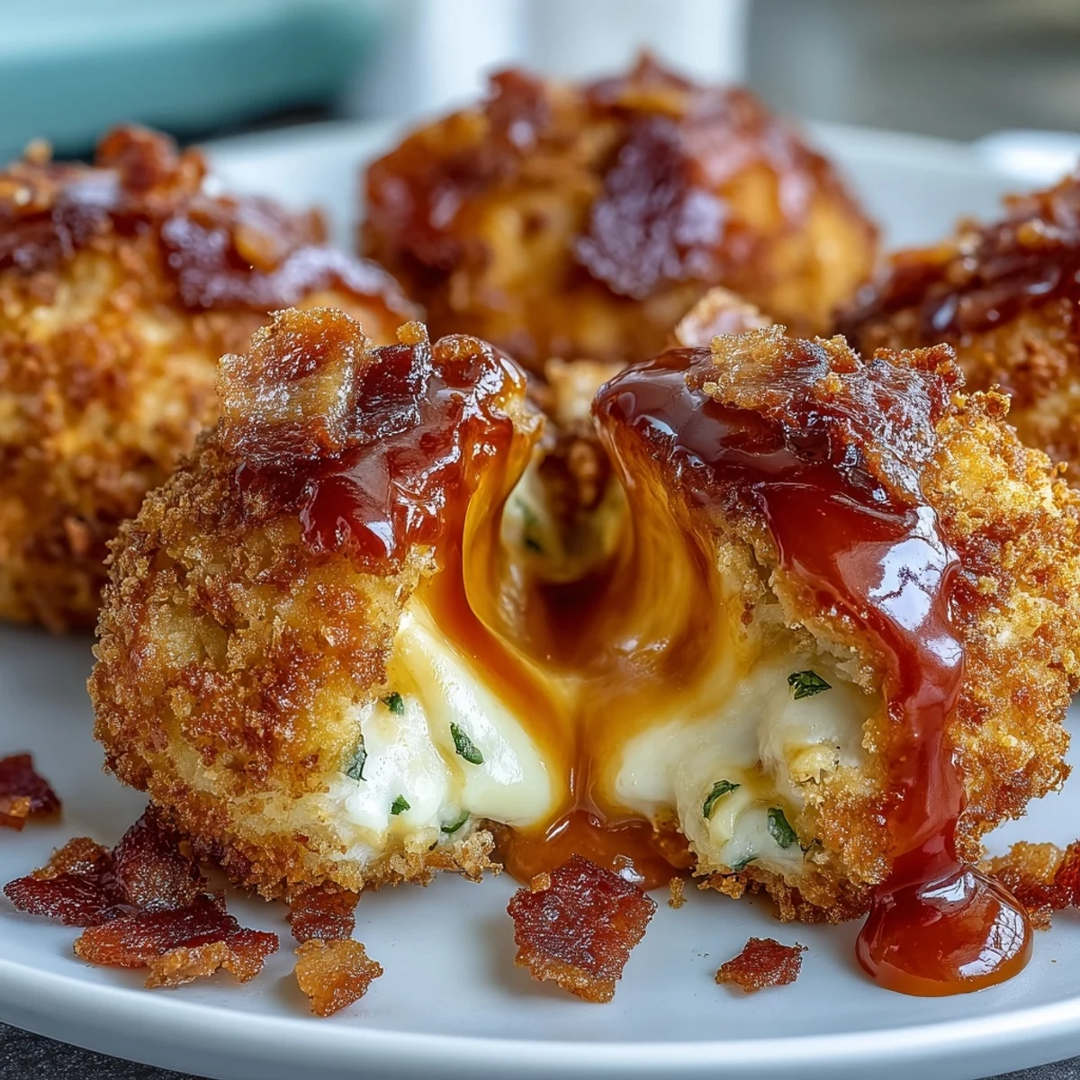Golden-brown Buffalo Chicken Bacon Mozzarella Bombs rest on a plate, showcasing a crispy panko exterior and a drizzle of bold buffalo sauce.