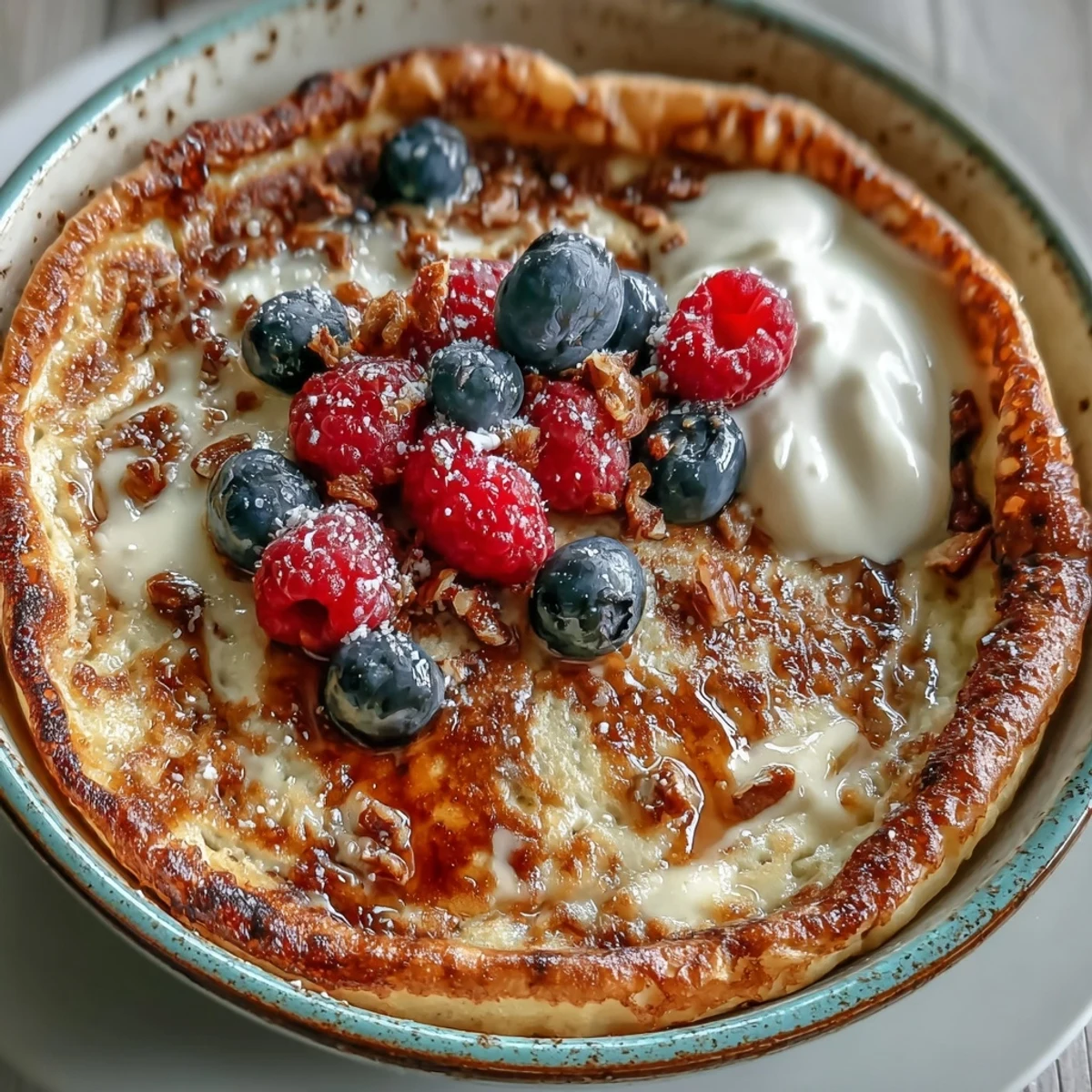 Golden-brown Baked Protein Pancake Bowl served warm with a dollop of yogurt and a drizzle of maple syrup, perfect for meal prep.
