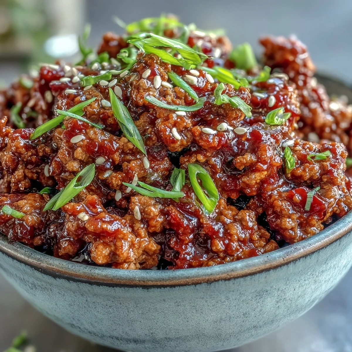 Golden-brown Korean-Style Ground Turkey simmering in a glossy, spicy-sweet sauce flecked with toasted sesame seeds.