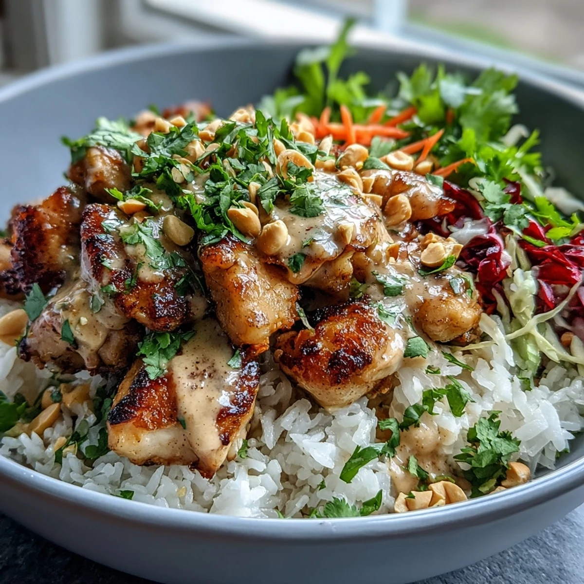 Colorful bowls of Peanut Chicken Protein Bowl with coconut rice, sautéed chicken, red cabbage, carrots, and creamy peanut sauce drizzle.