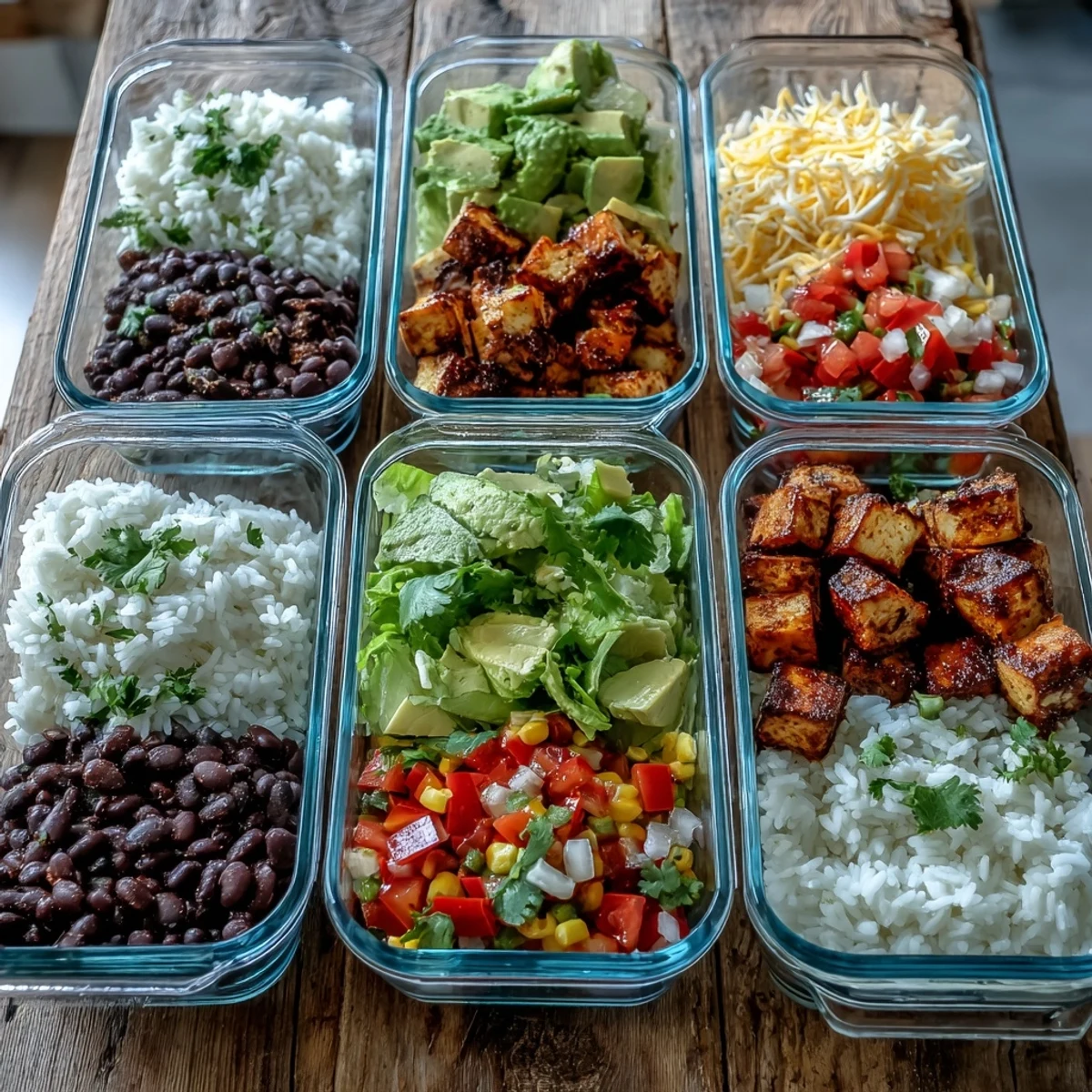 Fluffy rice, seasoned chicken, black beans, and crisp veggies layered in a bowl for a hearty meal prep burrito bowl base.