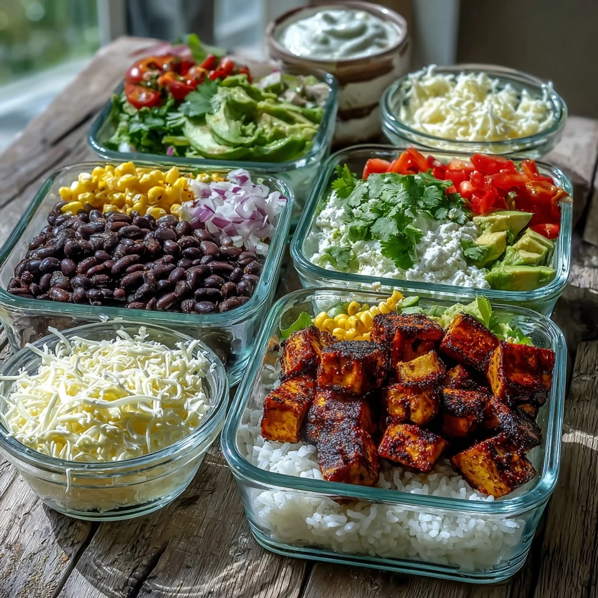 Savory tofu, sautéed beans, and zesty toppings arranged neatly in a container, showcasing a perfect make-ahead burrito bowl base.
