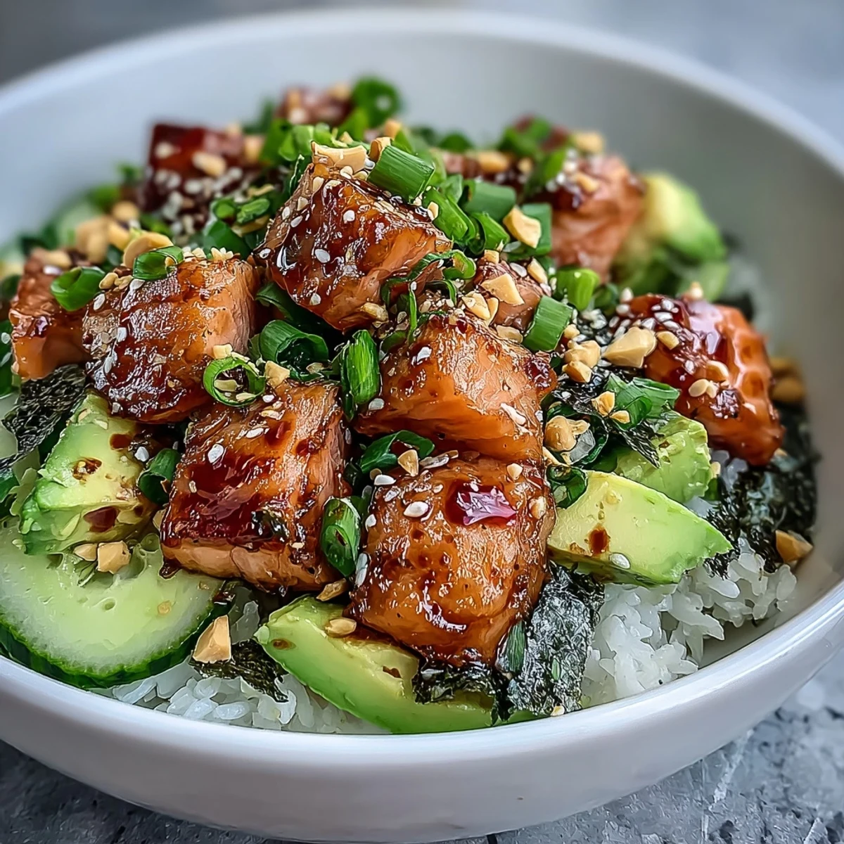 A close-up view of an easy Avocado Salmon Bowl featuring creamy avocado slices, crunchy peanuts, and wasabi dots on warm rice, perfect for a quick dinner.