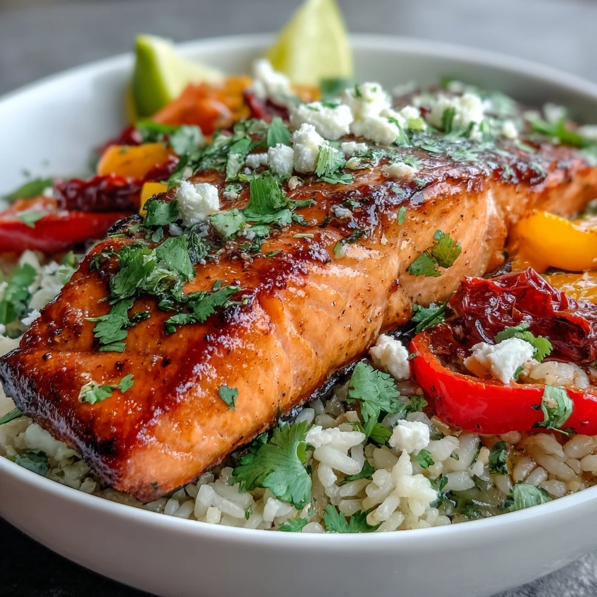 A close-up of Mediterranean Salmon Bowl showing flaky salmon, sun-dried tomatoes, and fresh cilantro, ready to serve.