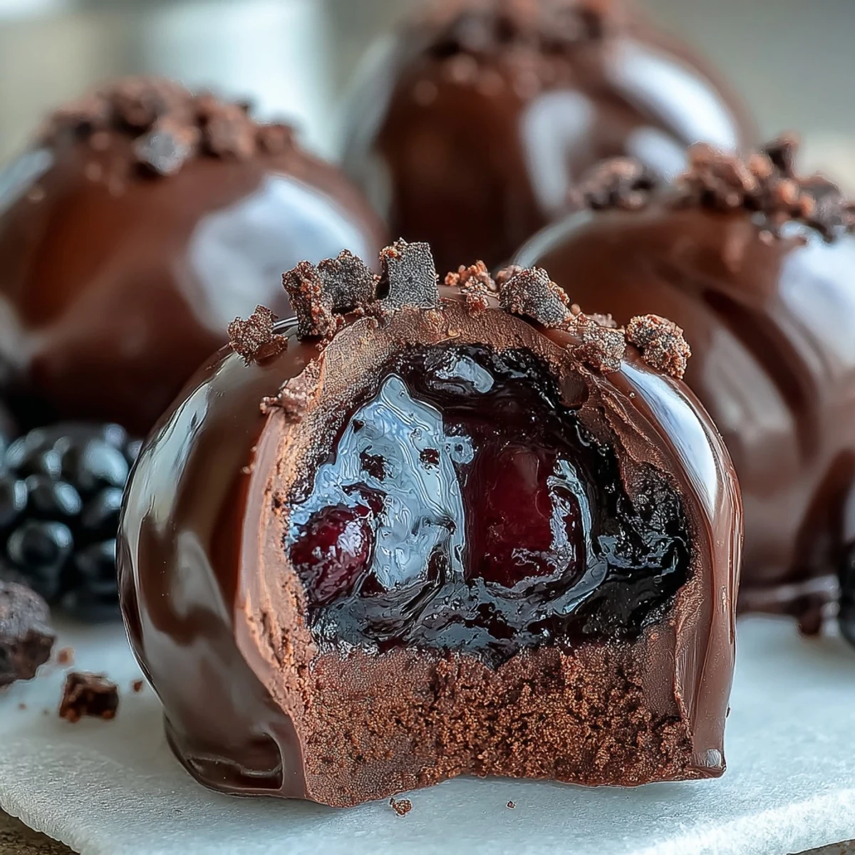 Glossy Black Currant Chocolate Truffles rolled in cocoa powder, served on a slate platter for a decadent dessert.