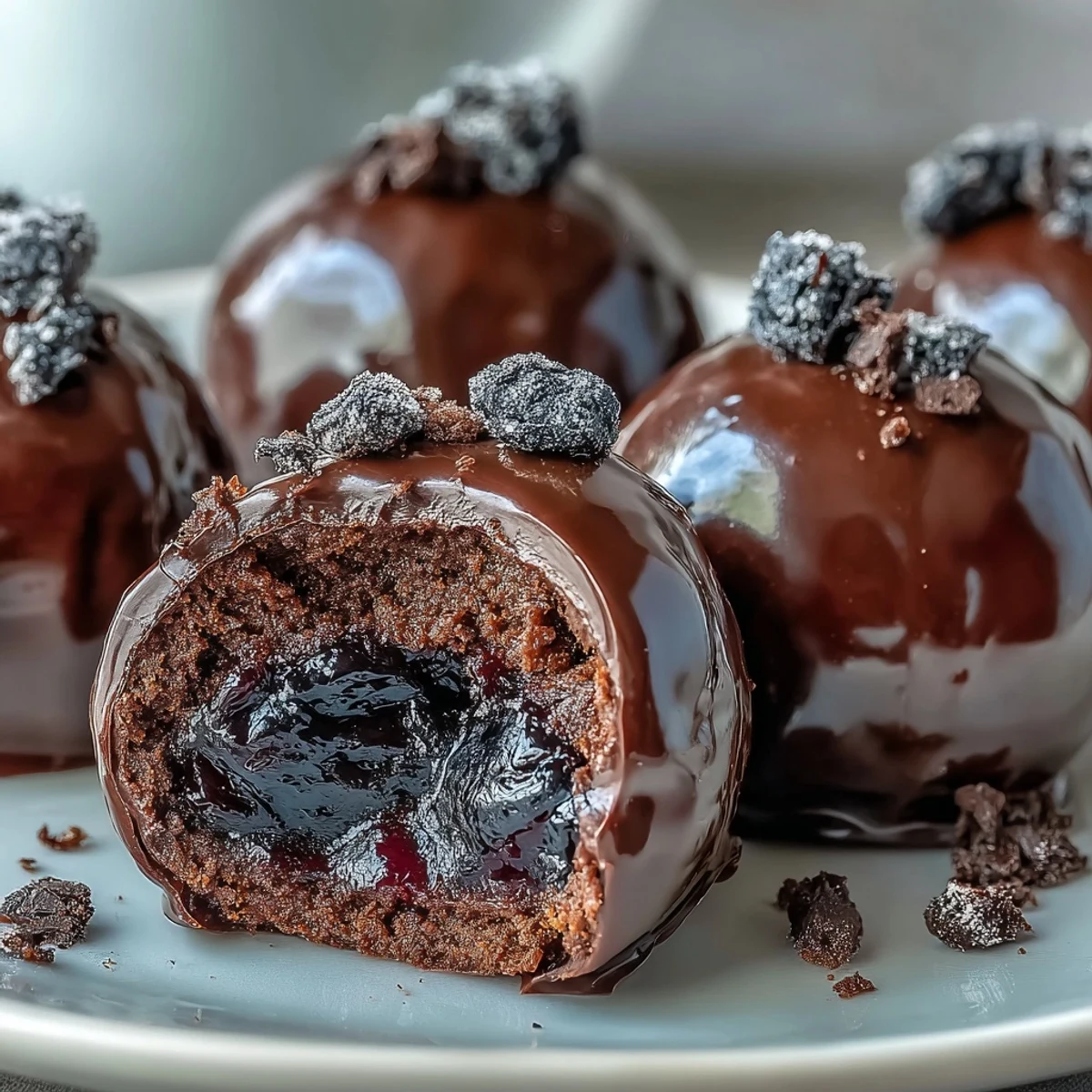 Fork lifting a bite of Black Currant Chocolate Truffles, showing rich dark chocolate coating and velvety ganache center.