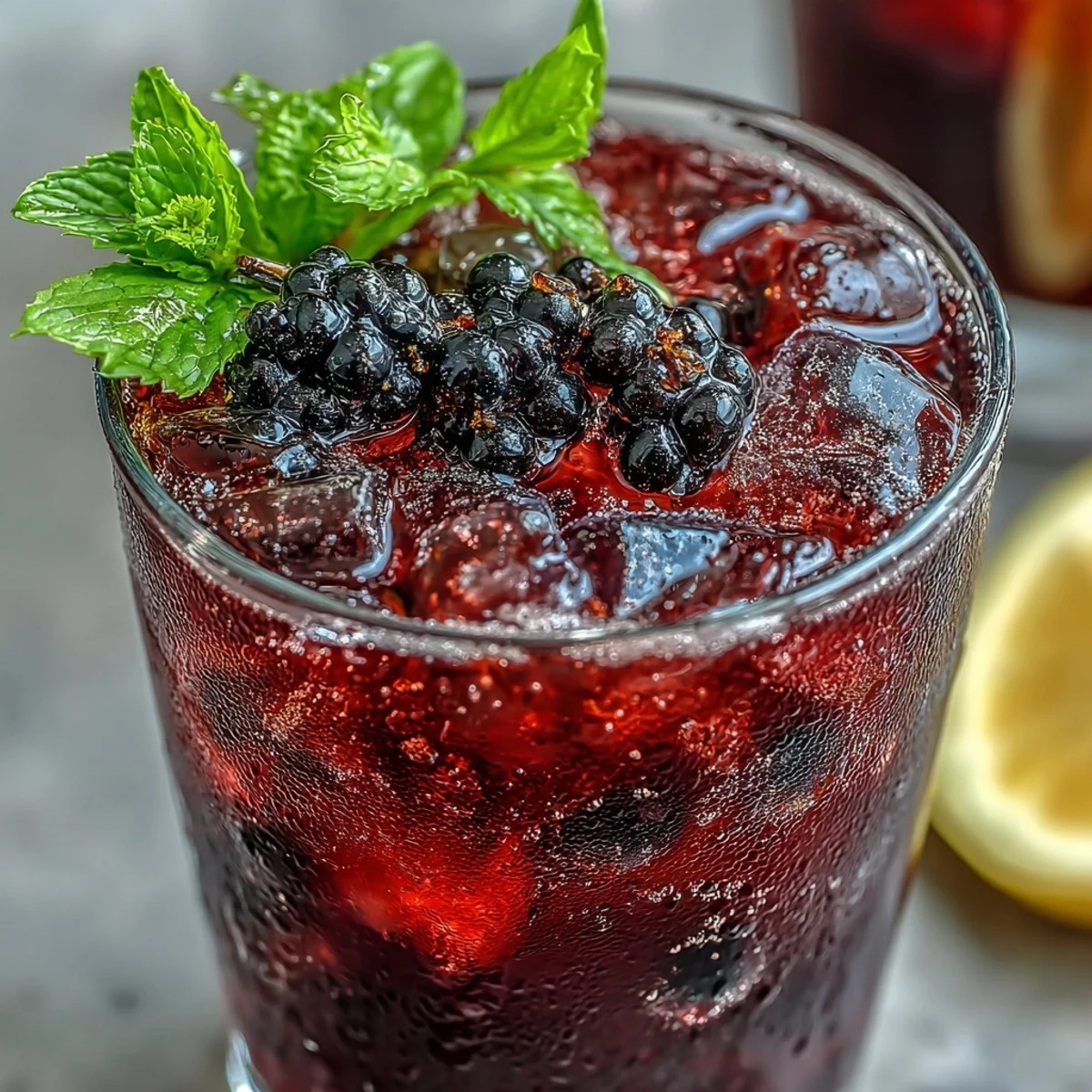 Sparkling mocktail garnished with fresh black currants and mint, showcasing the vibrant purple hue of the Black Currant It Berry Celebration Drink.