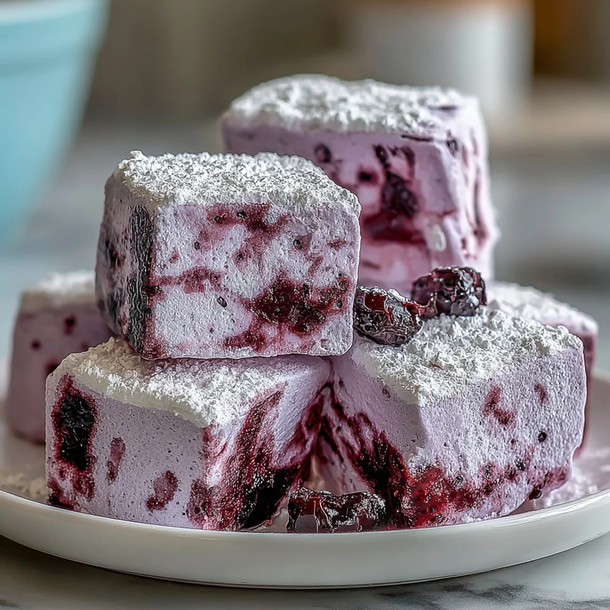 Freshly cut Black Currant Marshmallows dusted with powdered sugar, showcasing their soft, pillowy texture on a rustic wooden board.