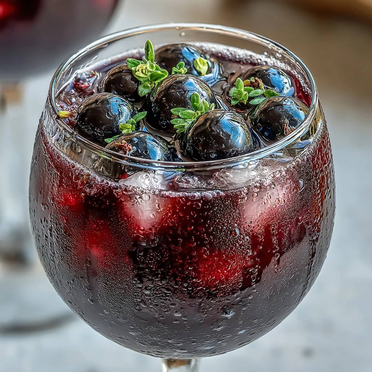 A chilled Black Currant and Cassis Cocktail poured into a frosty wine glass, garnished with fresh black currants and a lemon twist.