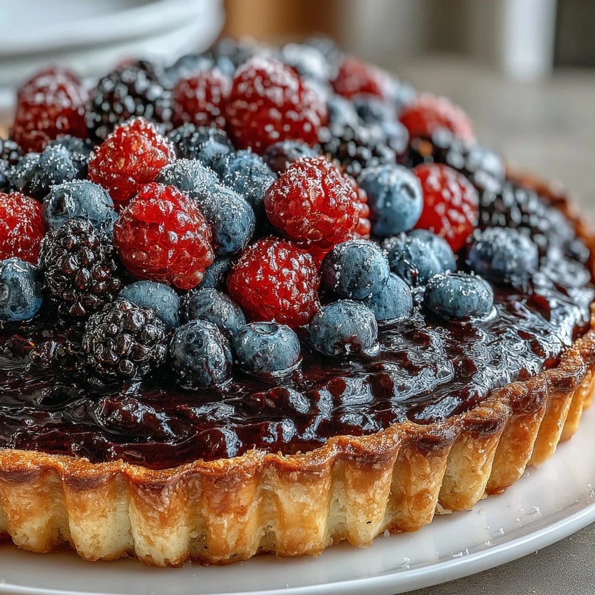 A close-up slice of Black Currant Fruit Tart reveals a silky, tangy filling and flaky pastry, perfect for a dinner party.