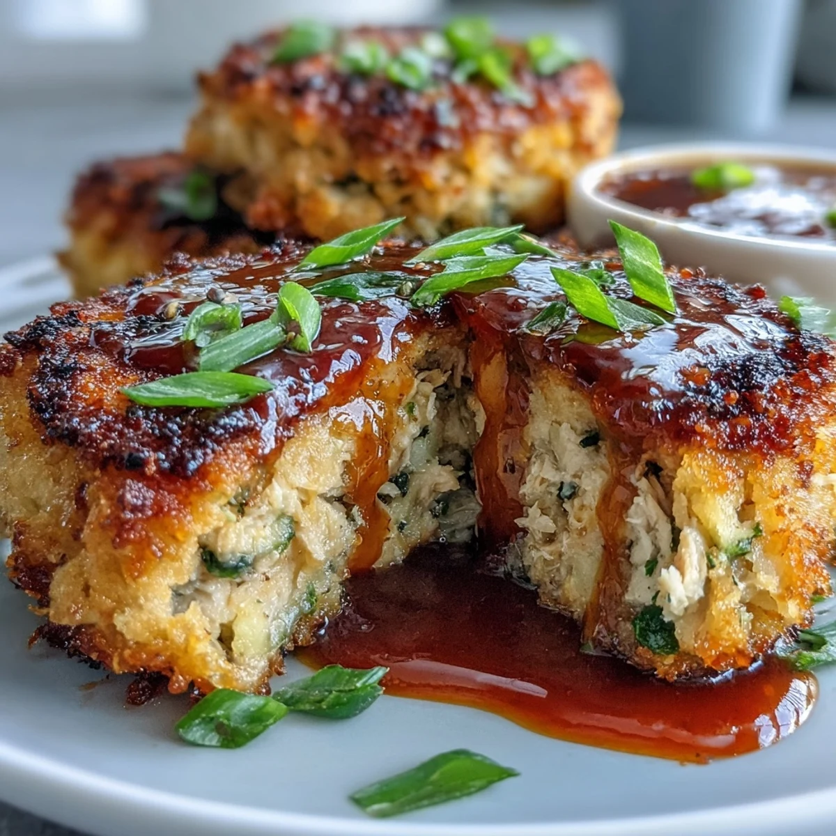 Freshly cooked Asian-Style Tuna Cakes on a plate, garnished with sesame seeds and lime wedges.