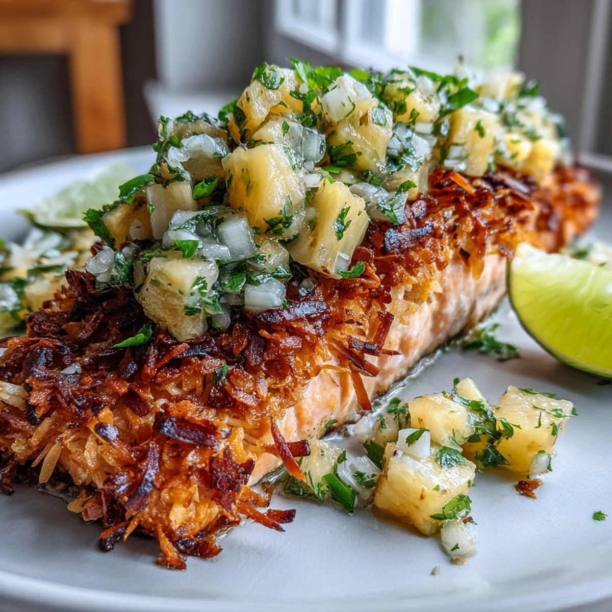 Golden-brown Coconut Crusted Salmon fillet topped with vibrant pineapple salsa, served with lime wedges on a rustic plate.