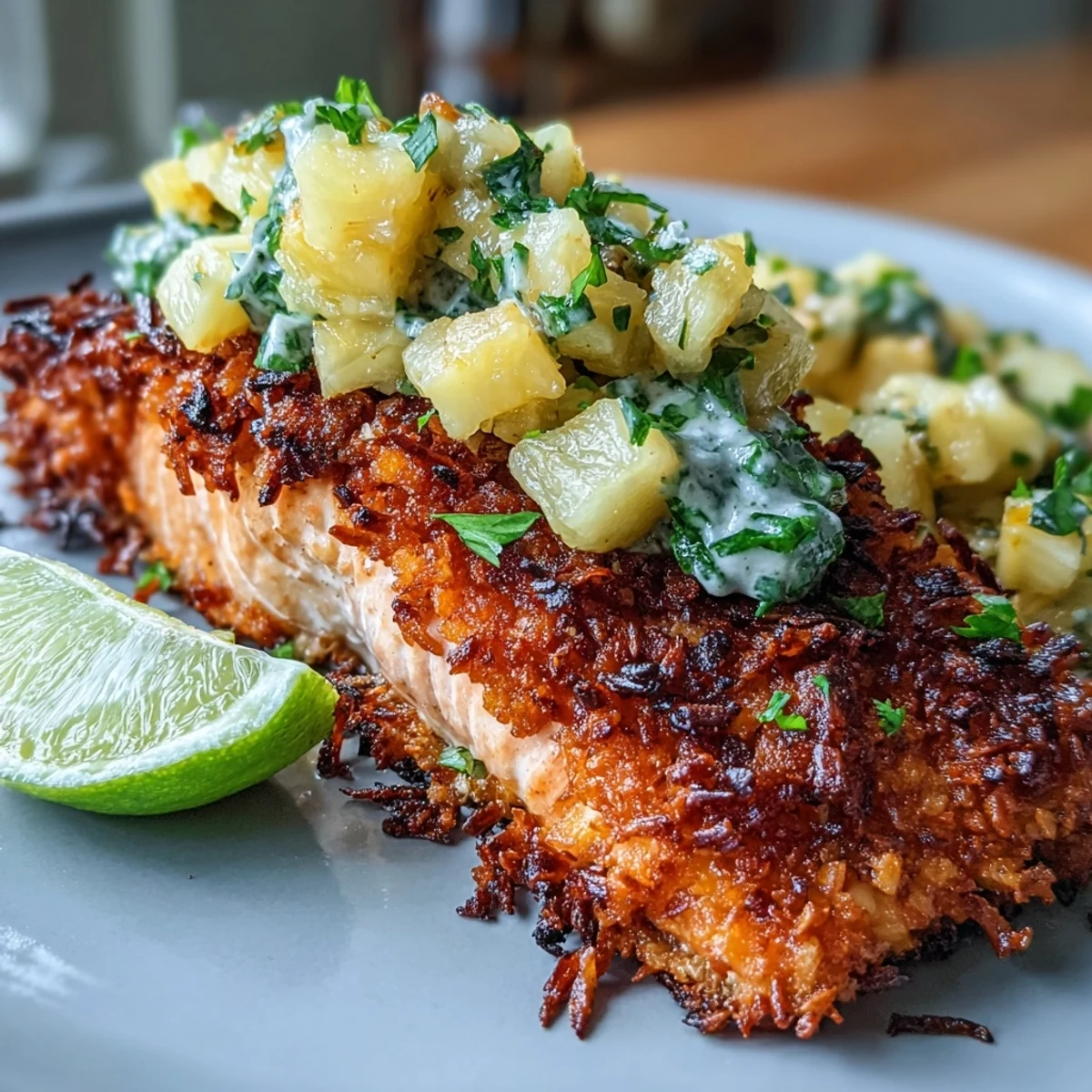 Savory Coconut Crusted Salmon with juicy pineapple salsa, ideal for a light main course pairing with coconut rice.