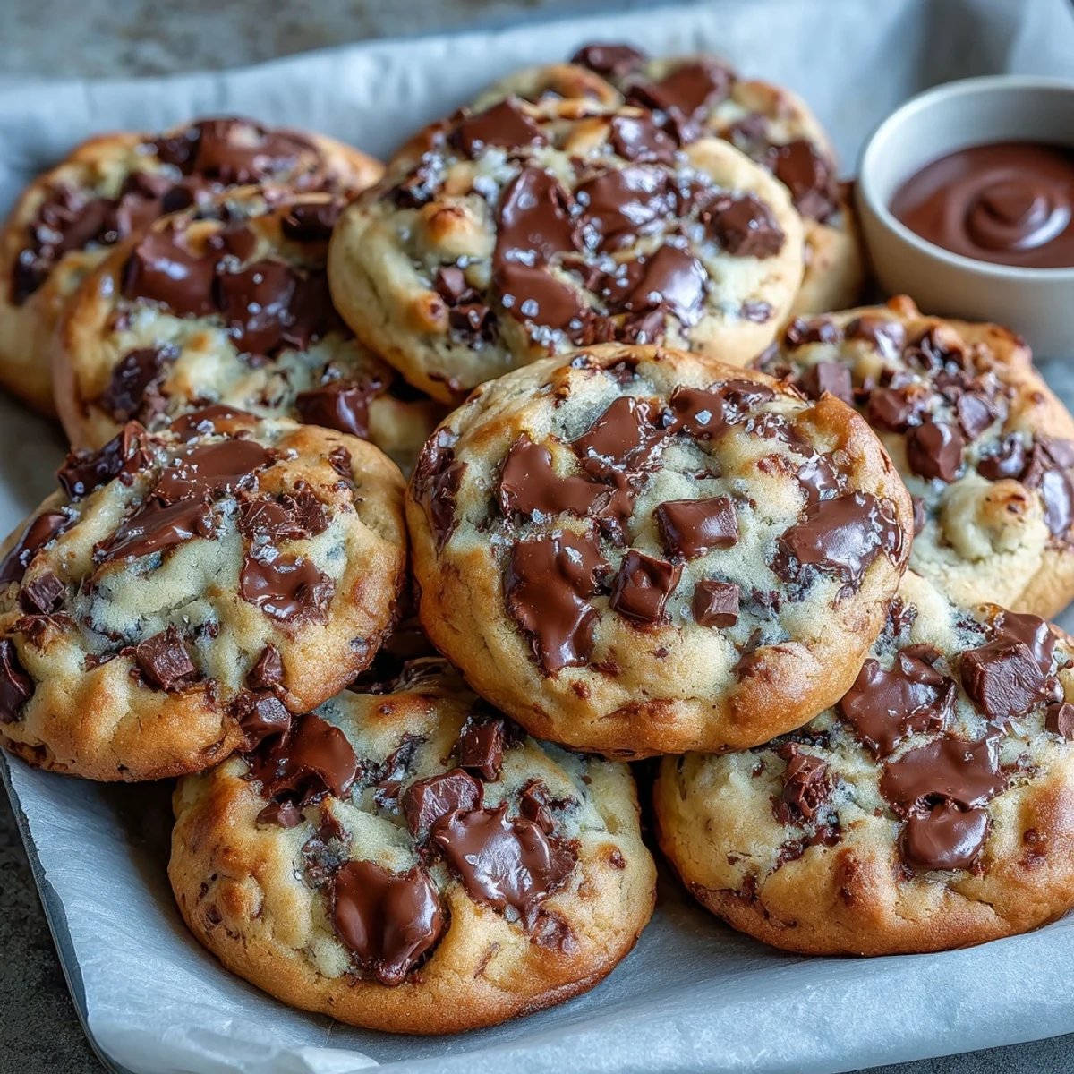 Homemade Yogurt Chocolate Chip Cookies are arranged neatly on a baking sheet with parchment paper.