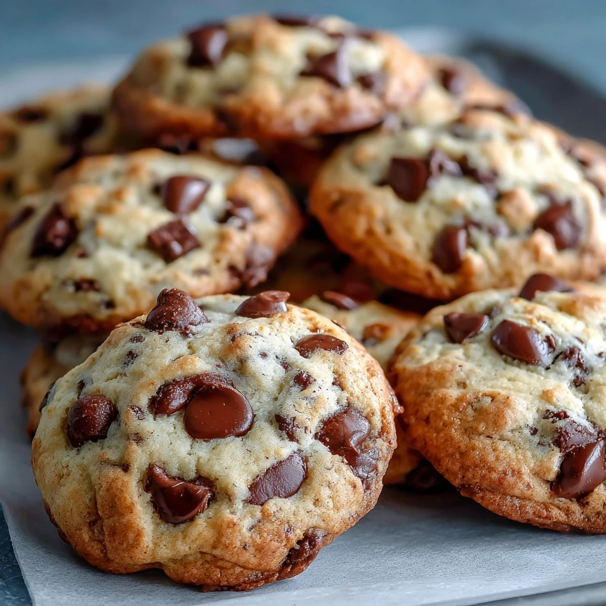 Warm Yogurt Chocolate Chip Cookies are stacked high on a marble countertop, ready for an afternoon snack.